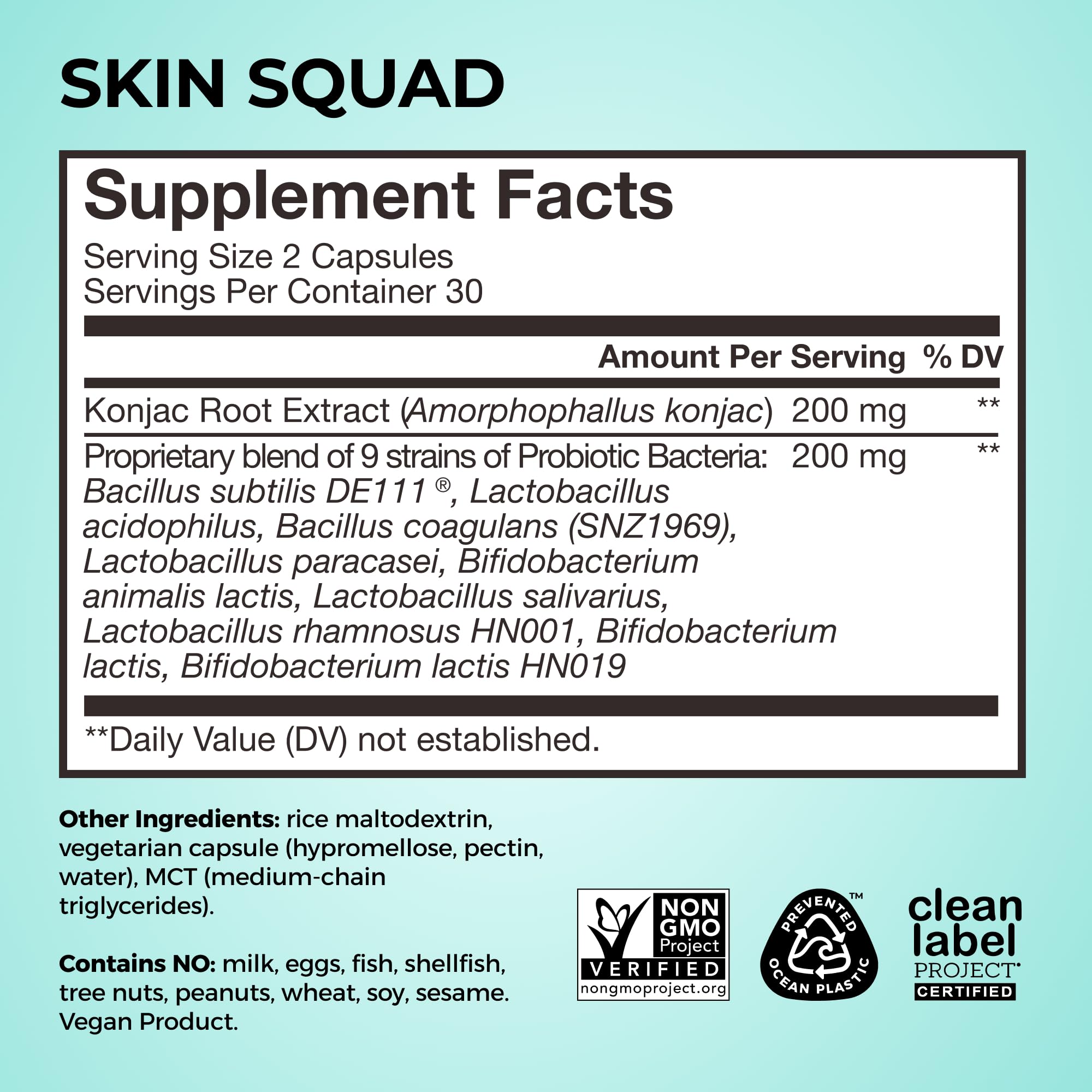 HUM Skin Squad Probiotics dos cápsulas, dosis diaria recomendada.