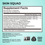 HUM Skin Squad Probiotics dos cápsulas, dosis diaria recomendada.