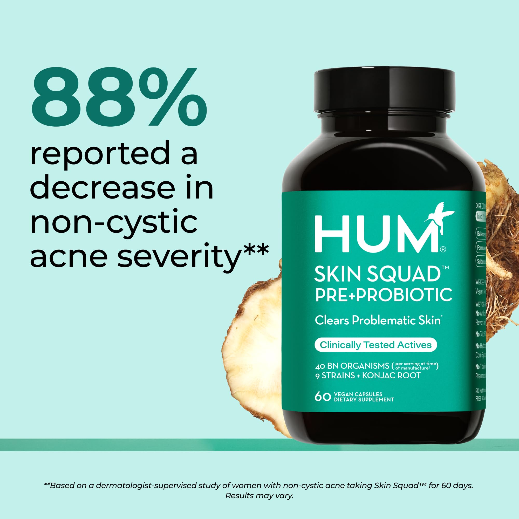 HUM Skin Squad Probiotics etiqueta frontal, información clara sobre beneficios.