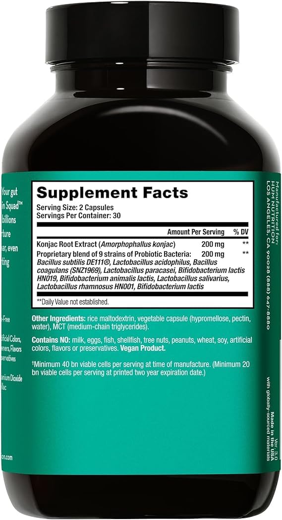HUM Skin Squad Probiotics ingredientes: prebiótico para diversidad intestinal.