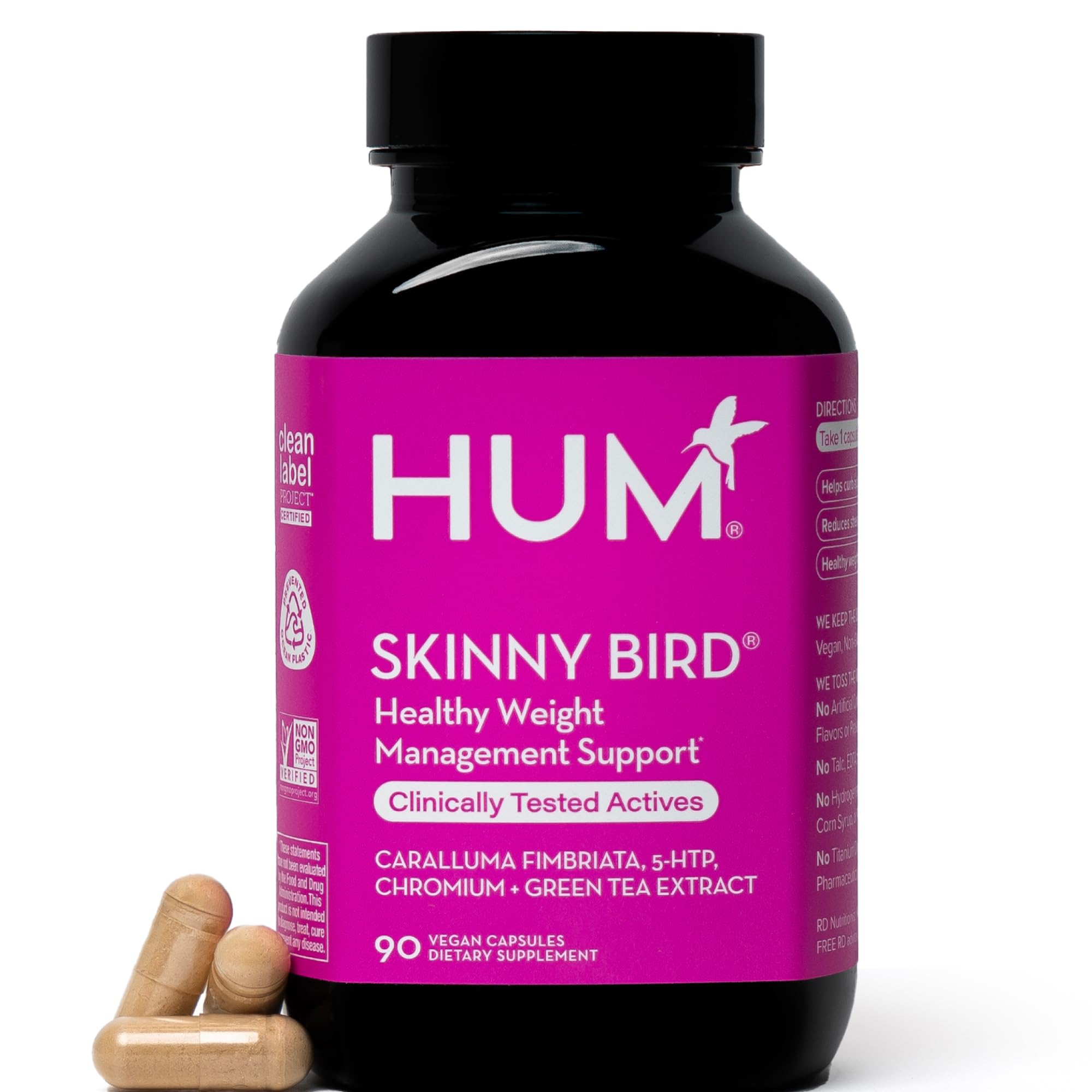 Hum Skinny Bird: botella de cápsulas de extracto de té verde para bienestar diario.