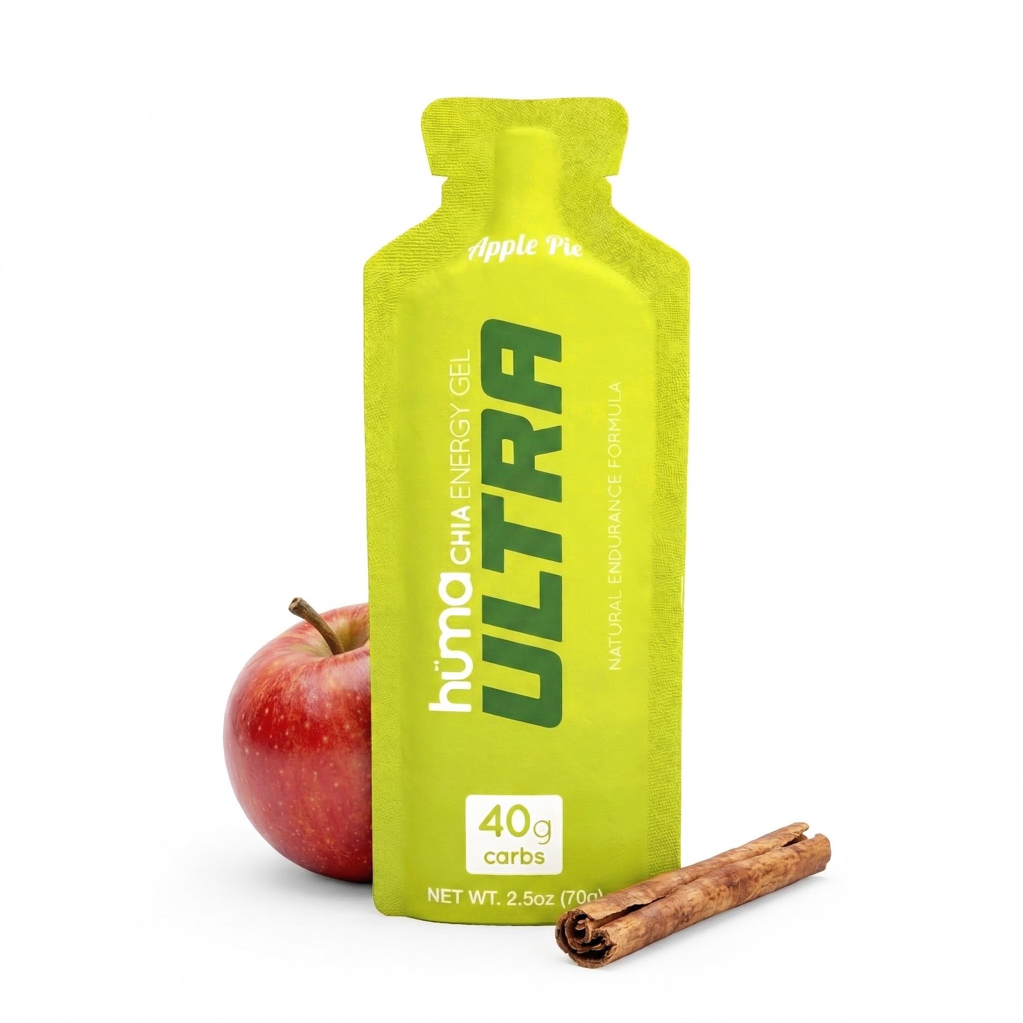 Producto de energía HÜMA Chía, sabor Manzana-Pastel, ideal para maratón.