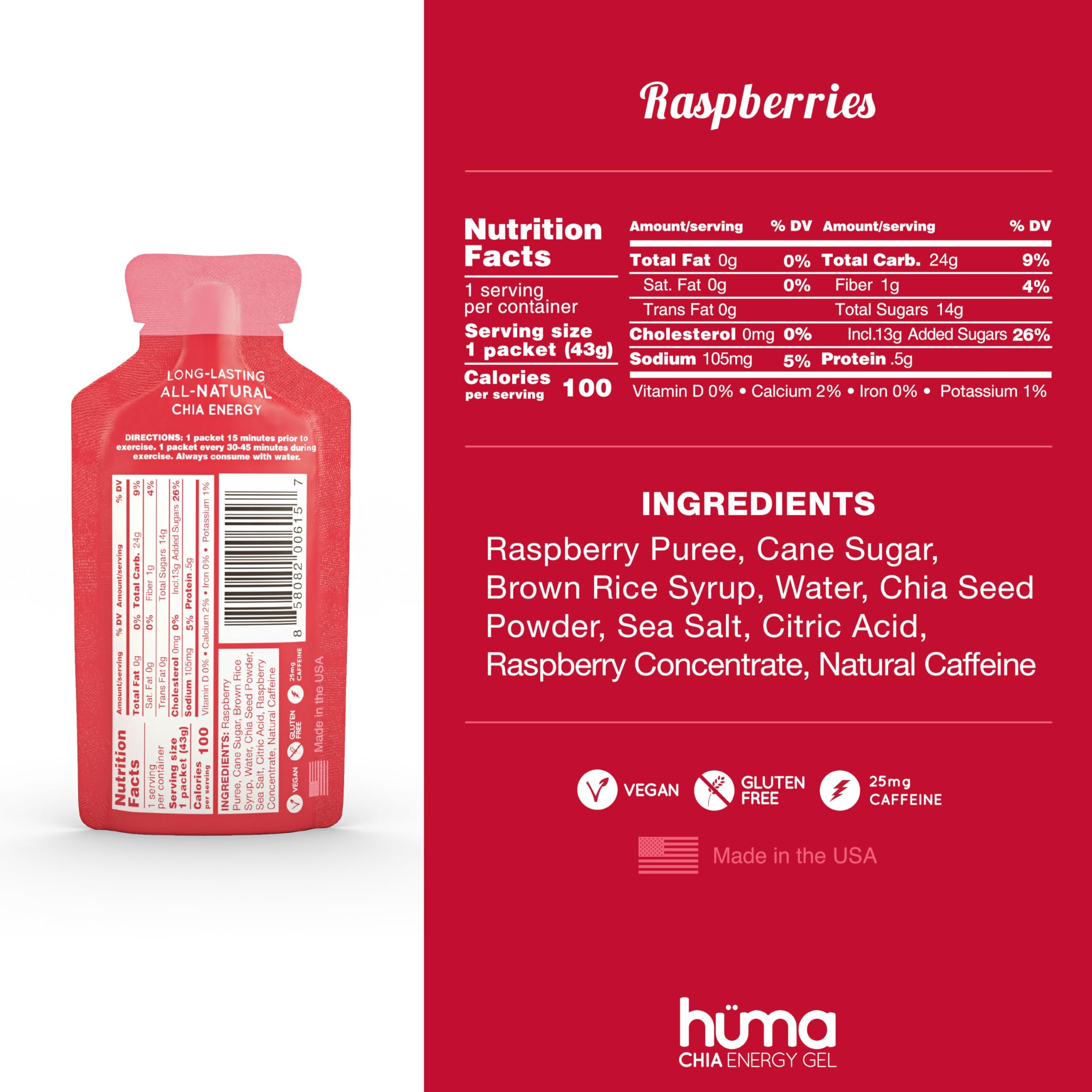 HÜMA CHIA ENERGY GEL frambuesa, sache abierto, consumo rápido en carrera