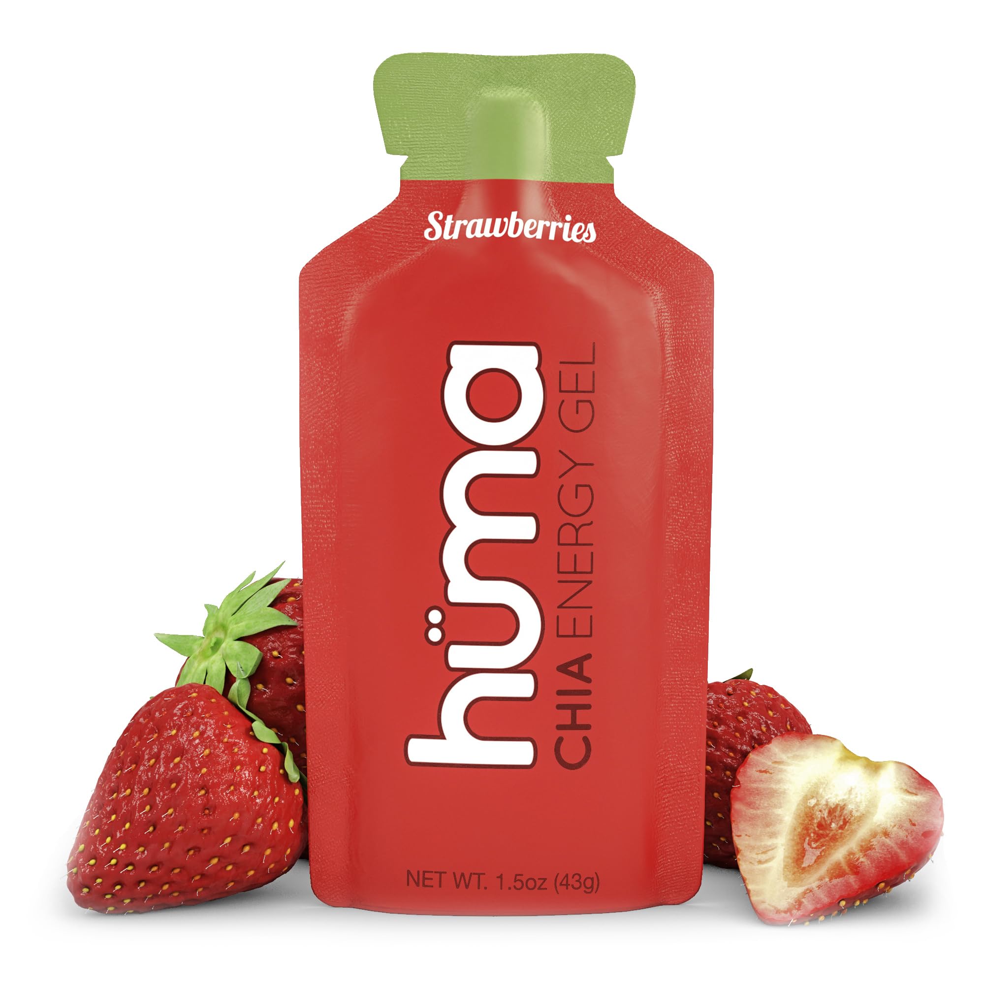 HÜMA CHIA ENERGY GEL fresa en envase, energía sostenida para entrenamientos.