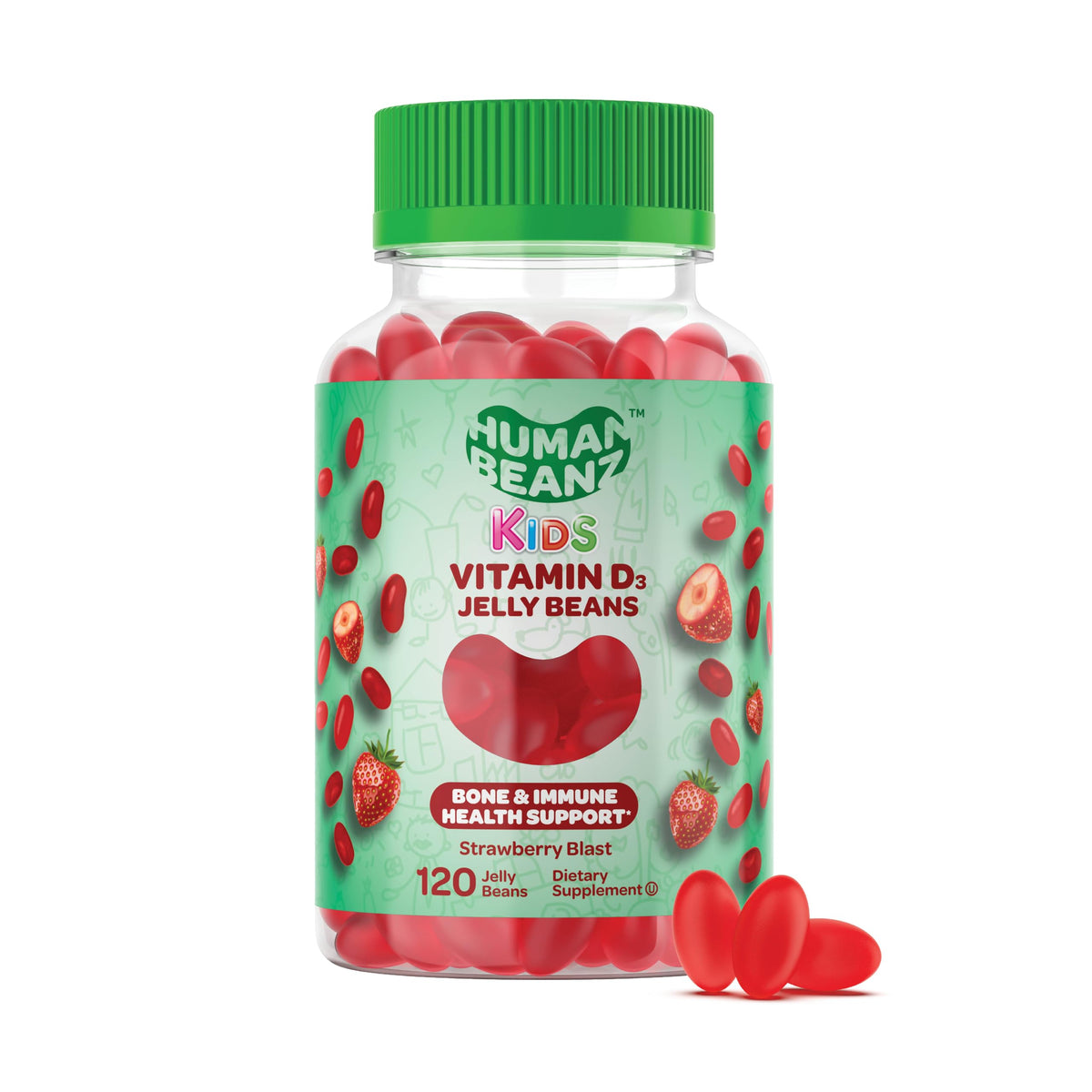 Human Beanz gomitas Vitamina D3, sabor fresa, para niños, apoyo a la ingesta diaria.
