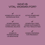 Etiqueta de HUMAN NATURE Vital Mujer que resalta hierro y lactoferrina.