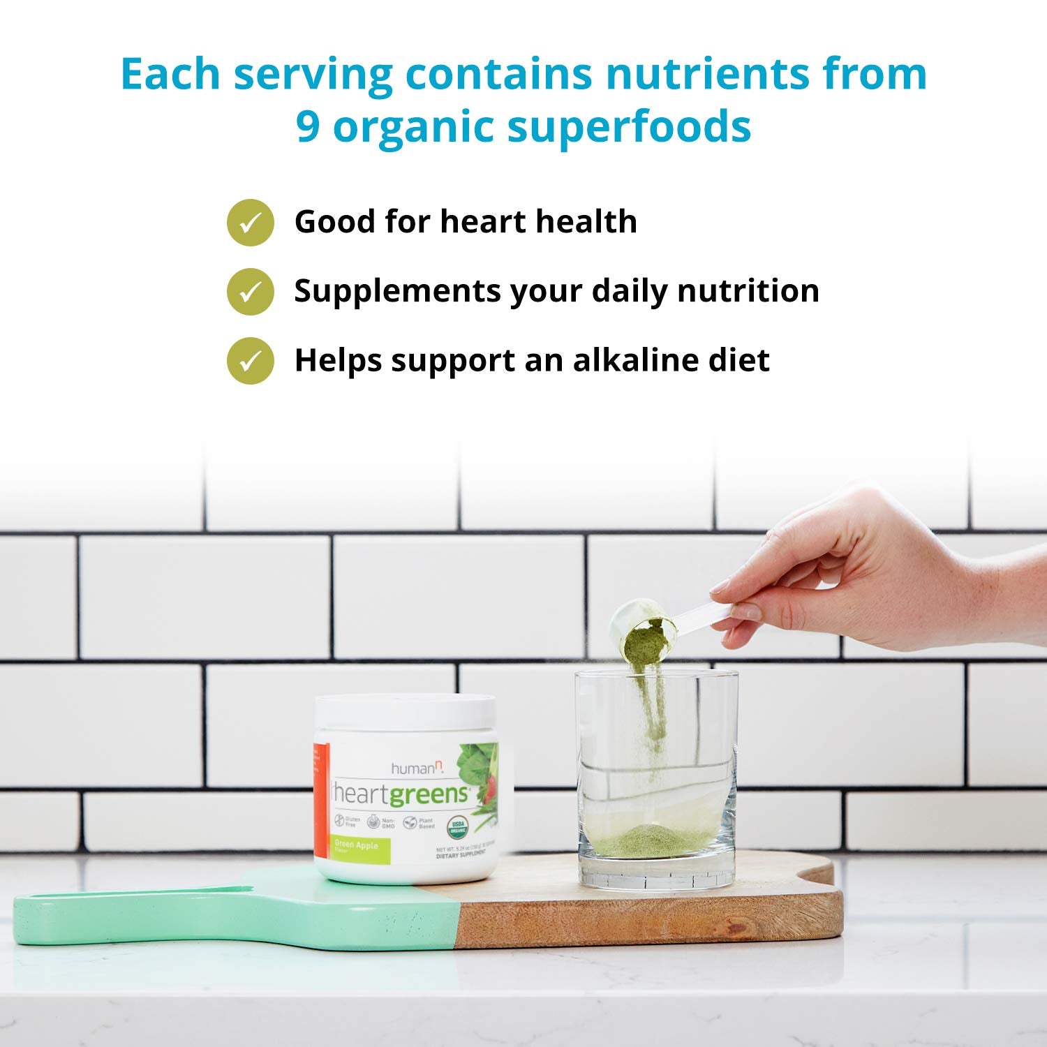 Humann HeartGreens: spirulina, olivo y apio para aporte de nutrientes diarios.