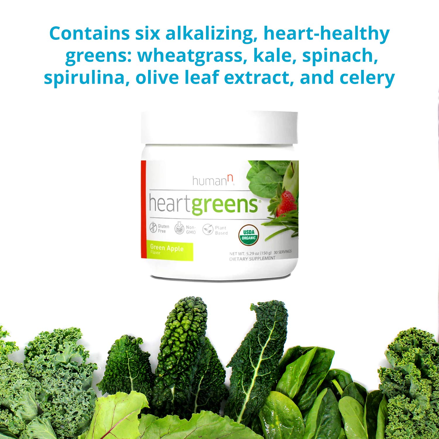 Humann HeartGreens: etiqueta USDA Orgánico garantiza ingredientes de calidad.