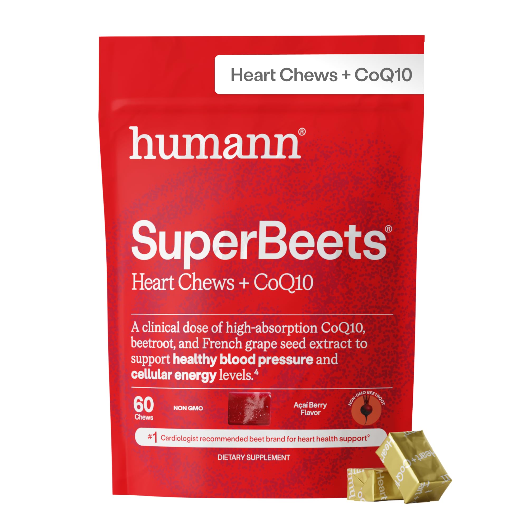 Humann SuperBeets Heart Chews: botella frontal, apoyo a la circulación saludable.