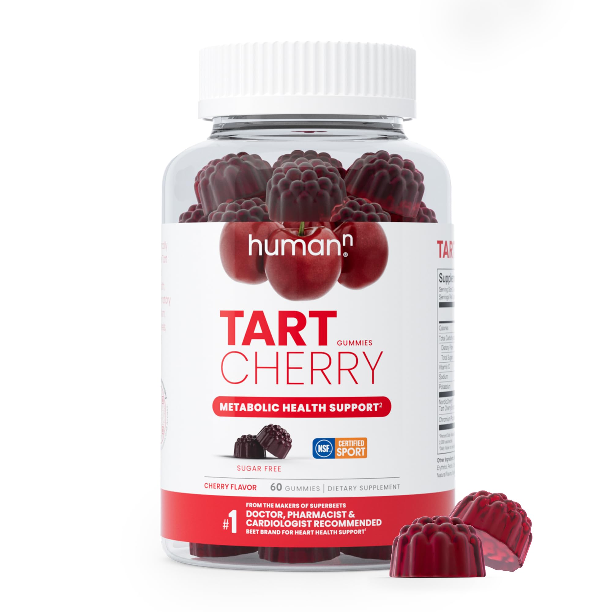 Humann Tart Cherry Gummies en bote, consumo diario conveniente.