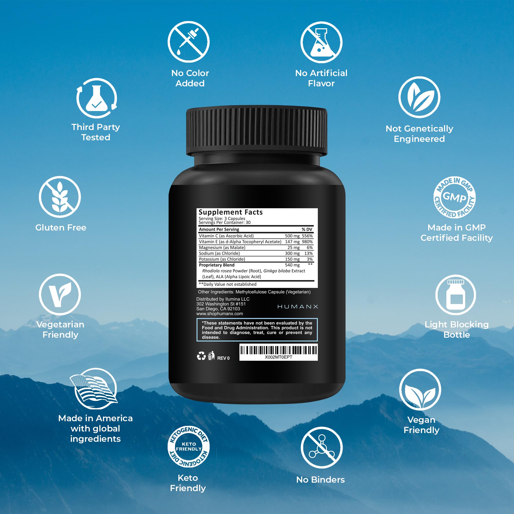 HUMANX Altitude Assist, etiqueta cercana con información de ingredientes basada en evidencia.