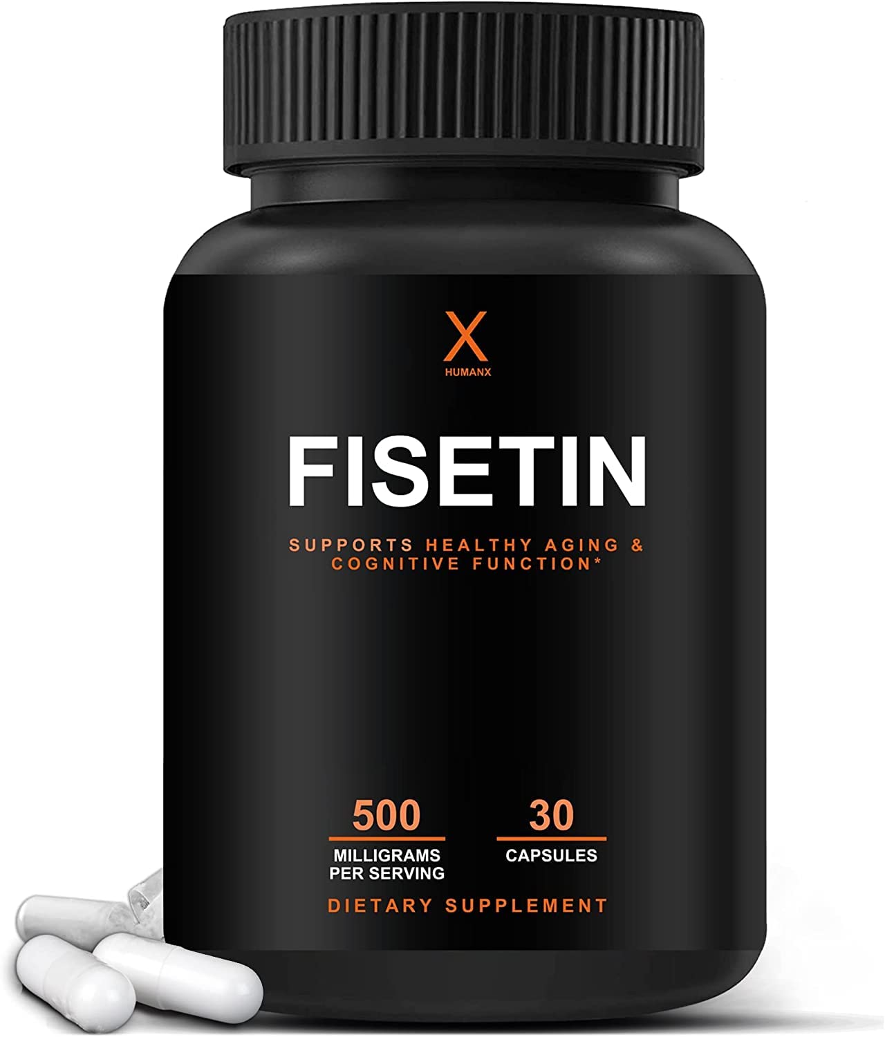 HUMANX Fisetina 500mg cápsulas en frasco para protección celular diaria.