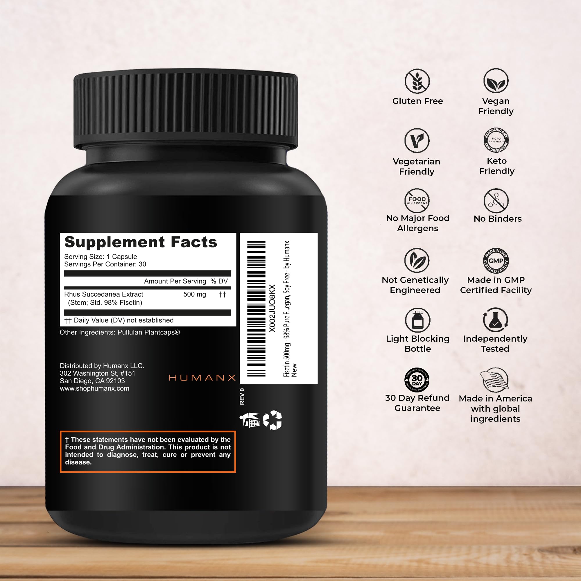 HUMANX Fisetina 500mg etiqueta frontal que resalta ingredientes clave.