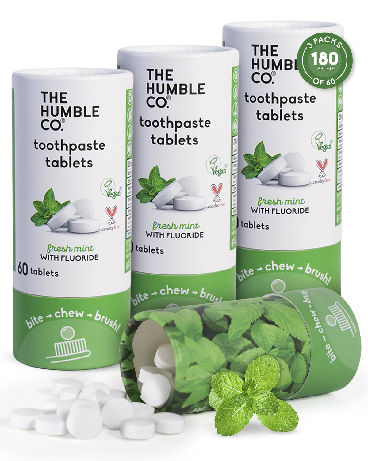 Tabletas dentales Humble Co, empaque sin plástico, ideal para viajes.