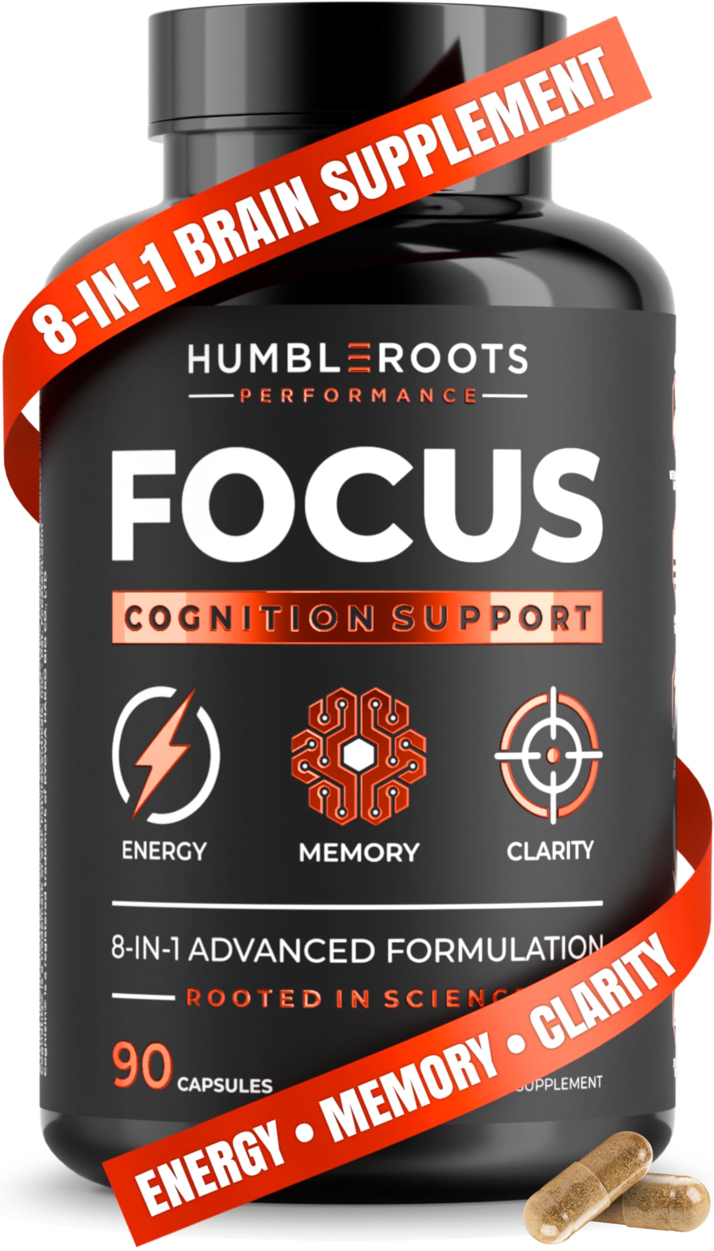 Humblroots Focus: bote de cápsulas para energía sostenida y claridad mental.