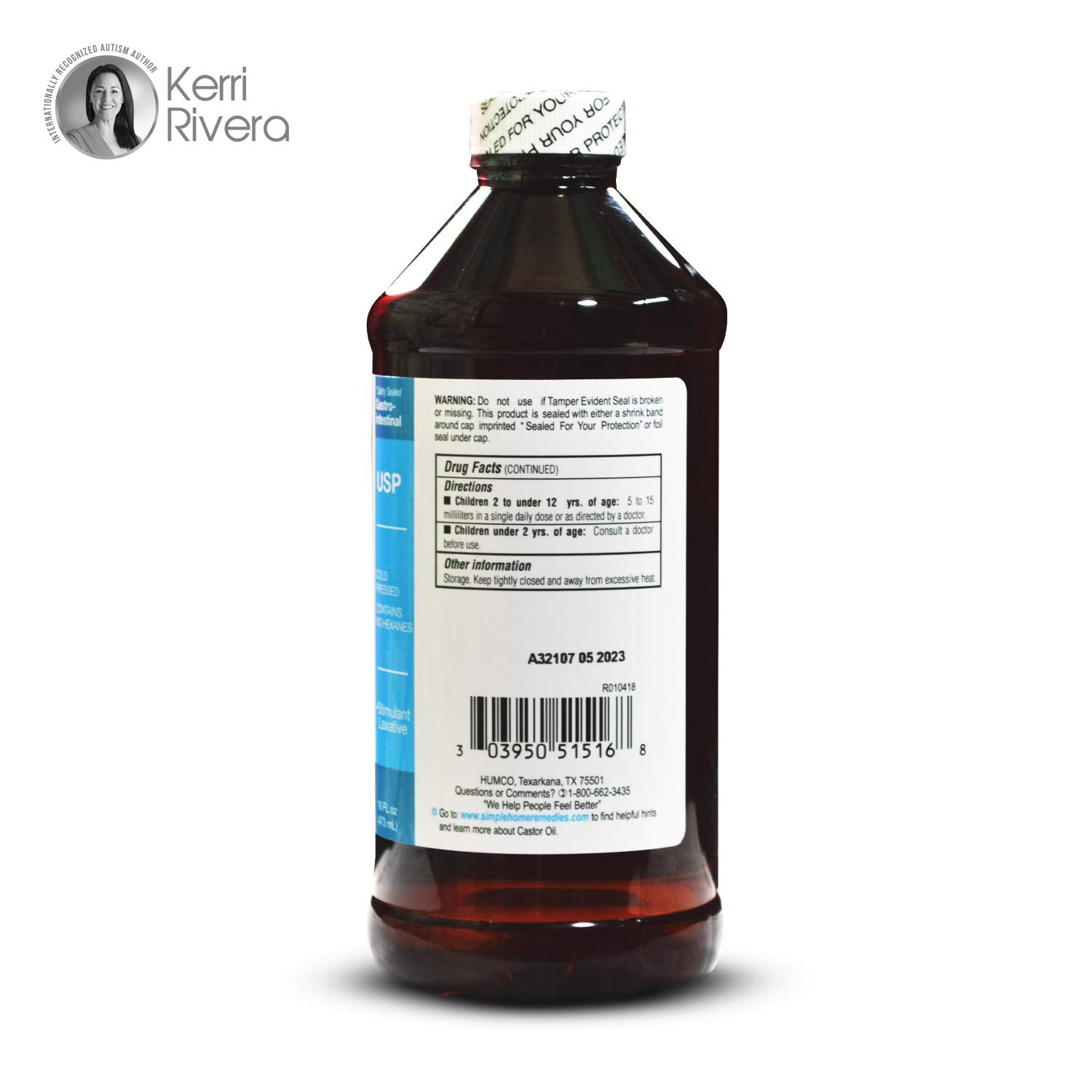 Etiqueta de Humco Aceite de Ricino USP con certificación de pureza