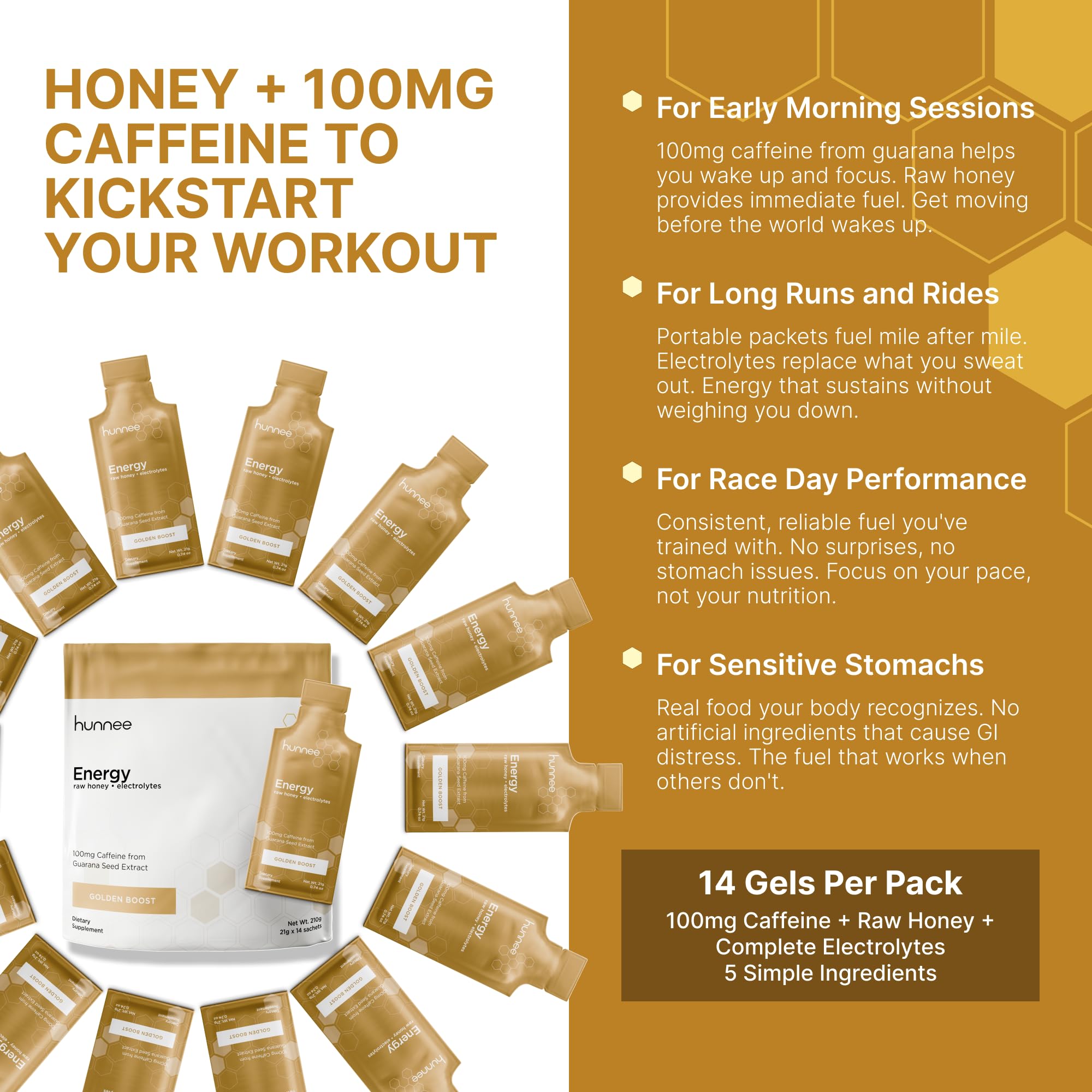 Hunnee Energy Golden Boost, etiqueta clara, ingredientes simples y transparentes.