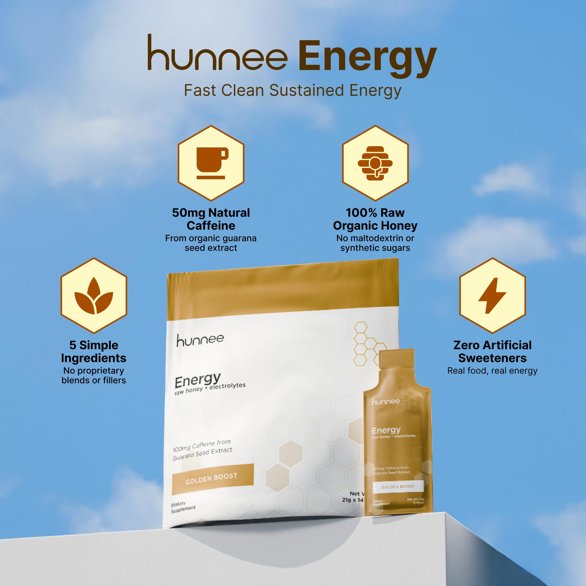 Hunnee Energy Golden Boost, paquete individual, conveniente para llevar.