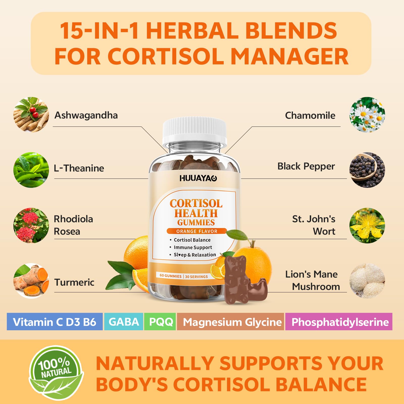 Gomitas cortisol HUUAYAO ingredientes clave como Ashwagandha y L-teanina