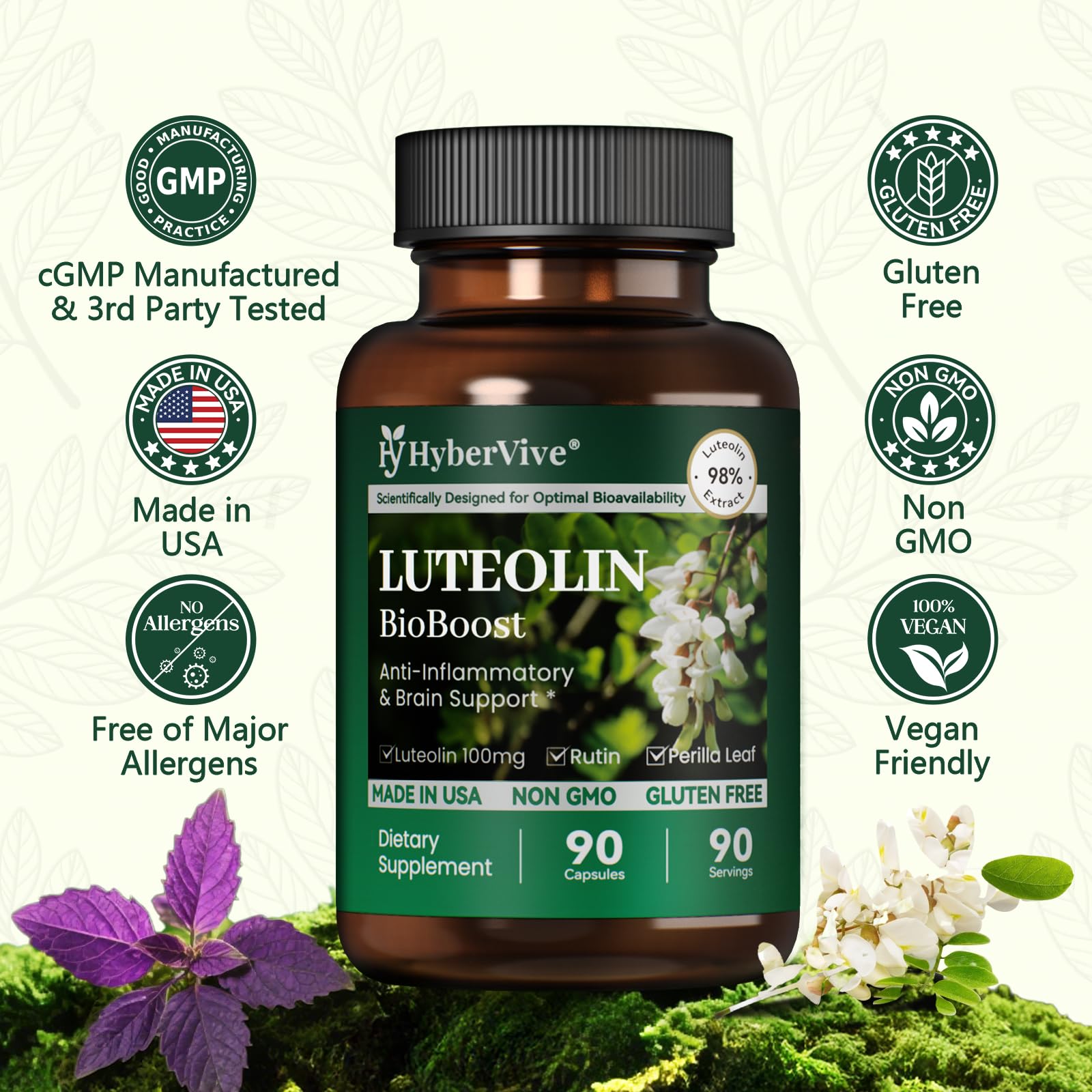 HyberVive Luteolina: envase fabricado en EE. UU., fórmula vegana