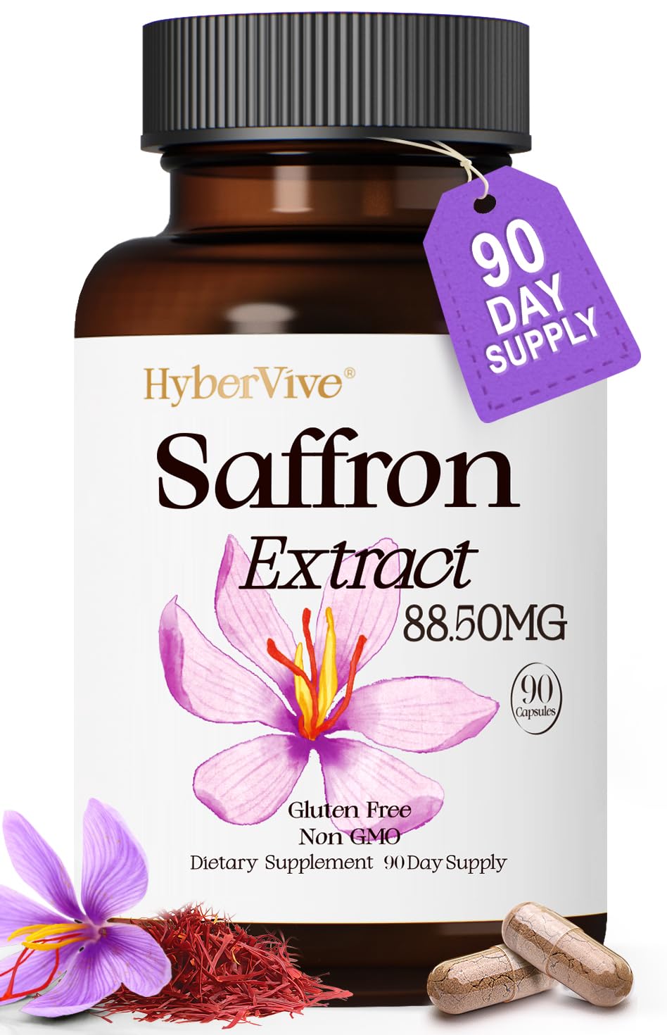 HyberVive Saffron extracto 88,5 mg en cápsula vegetal para ánimo y claridad.