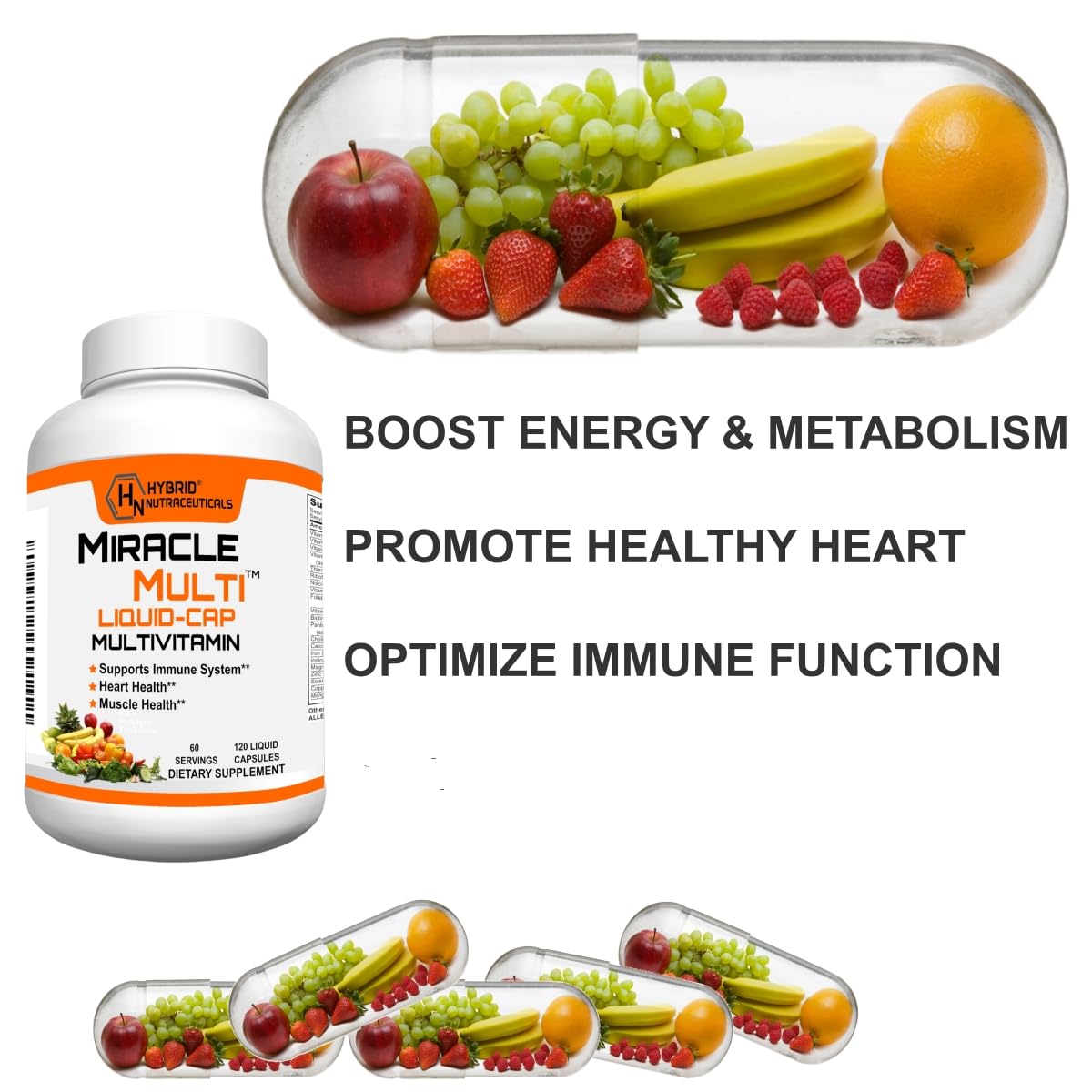 MiracleMulti de Hybrid Nutraceuticals: etiqueta detallada con ingredientes clave.