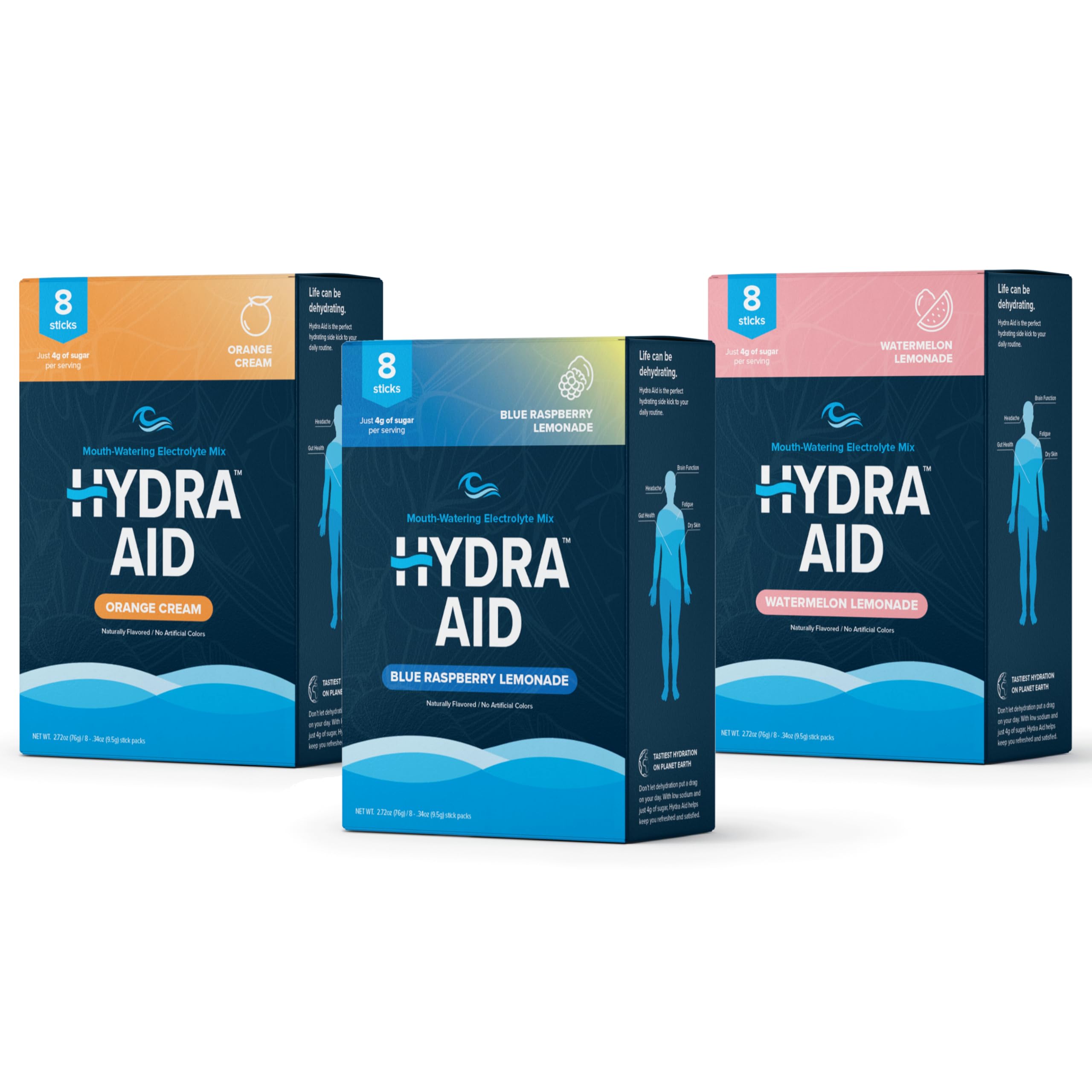 HYDRA AID pack frontal mostrando el bundle para hidratación rápida sin regusto salado