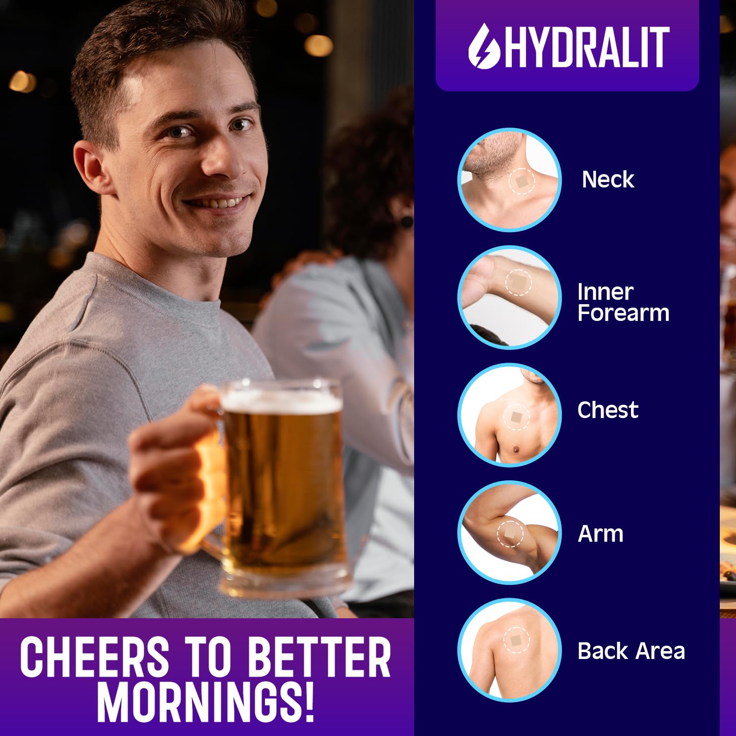 Hydralit Happy Hour parche aporta nutrientes para rehidratación tras consumo.