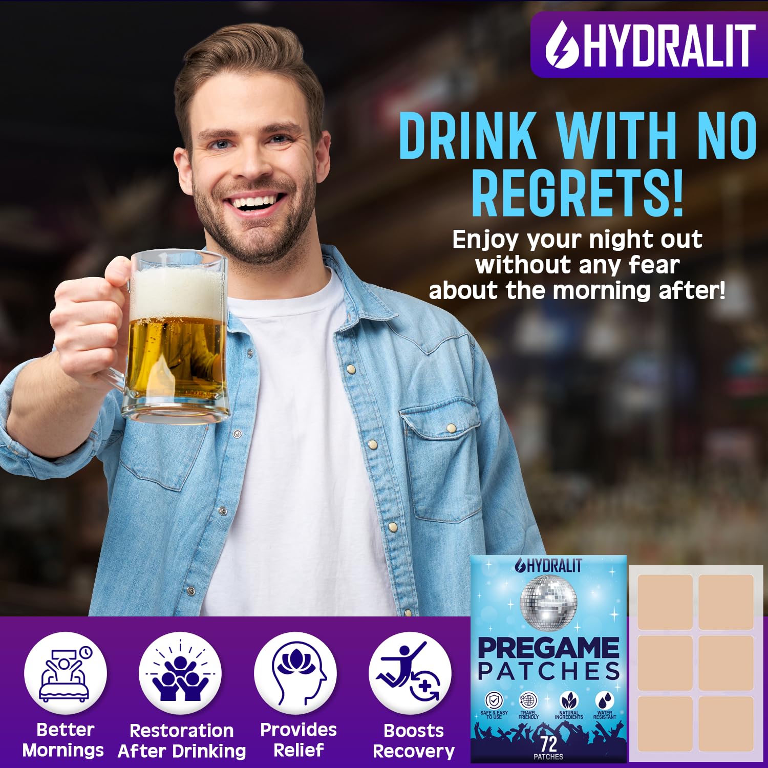 Hydralit Happy Hour parche compacto para llevar en bolso.