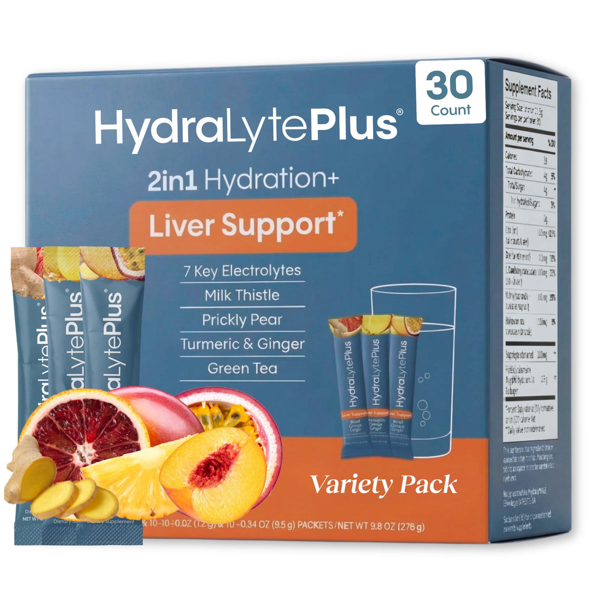 Hydralyte soporte hepático en empaque para hidratación rápida.