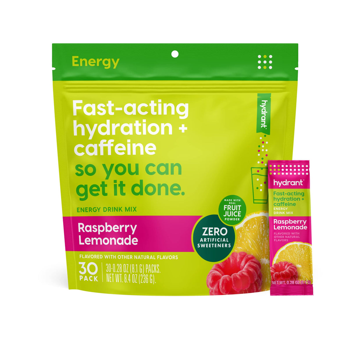 HYDRANT Energy Electrolyte, paquetes sabor frambuesa-limón para hidratación diaria