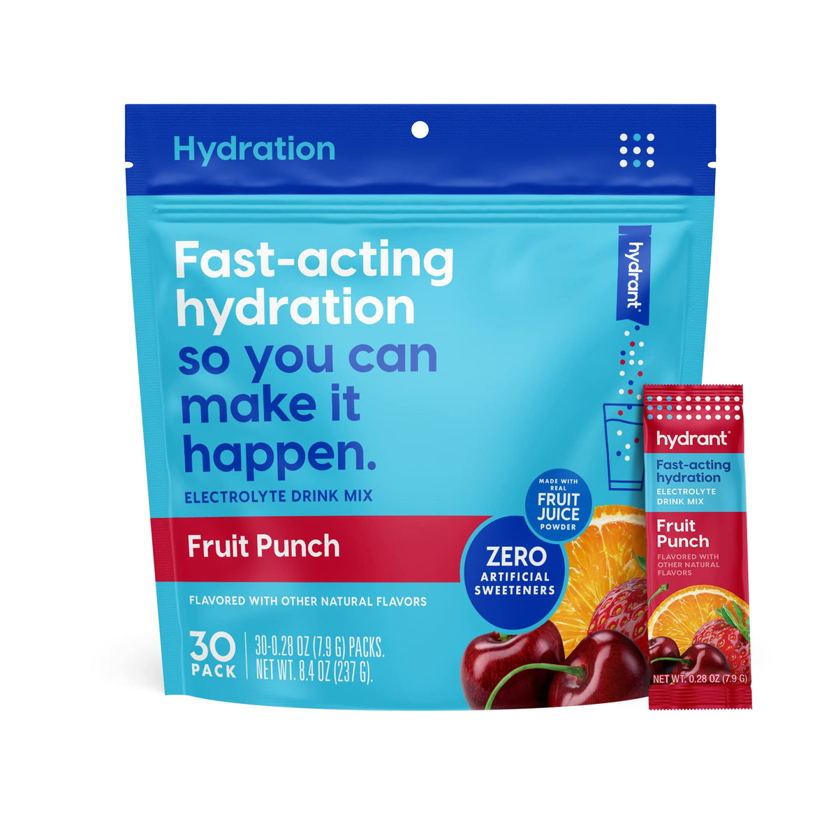 HYDRANT sobres hidratación Fruta Punch, útil para rehidratar temprano.