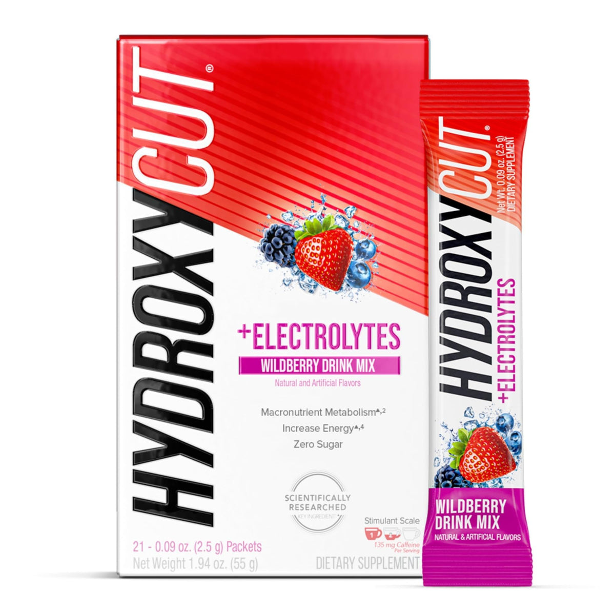 Hydroxycut Drink Mix Frambuesa Salvaje en botella de agua para energía sostenida sin calorías.