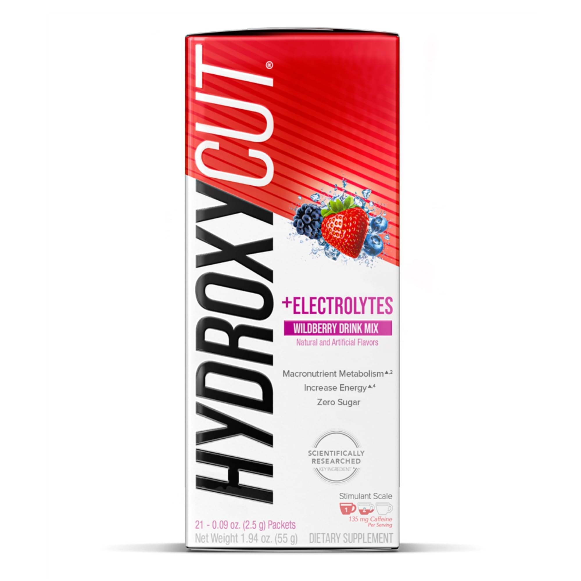 Hydroxycut Drink Mix Frambuesa Salvaje dosis individual, conveniente para el día activo.