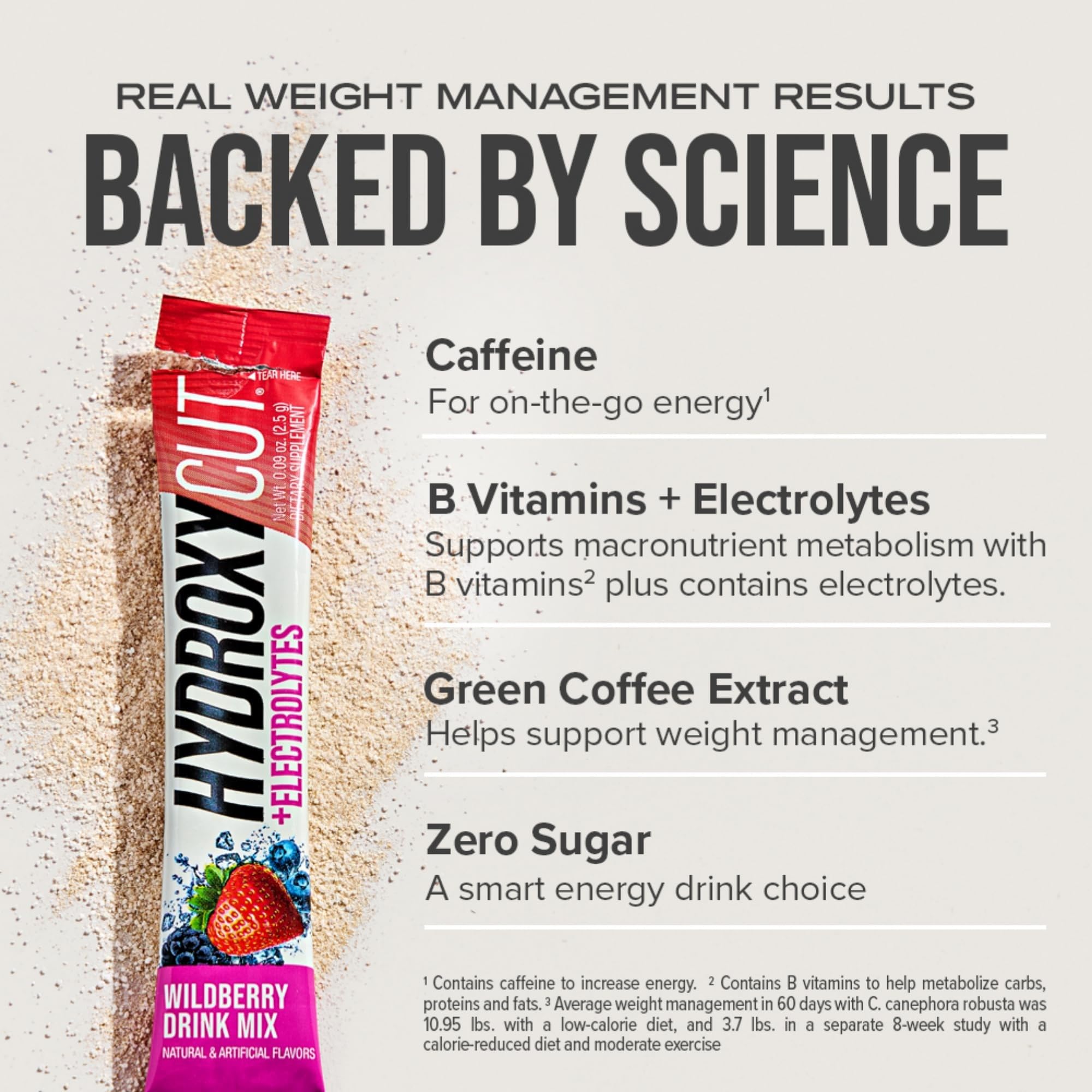 Hydroxycut Drink Mix Frambuesa Salvaje envase portátil, fácil de llevar a cualquier lugar.