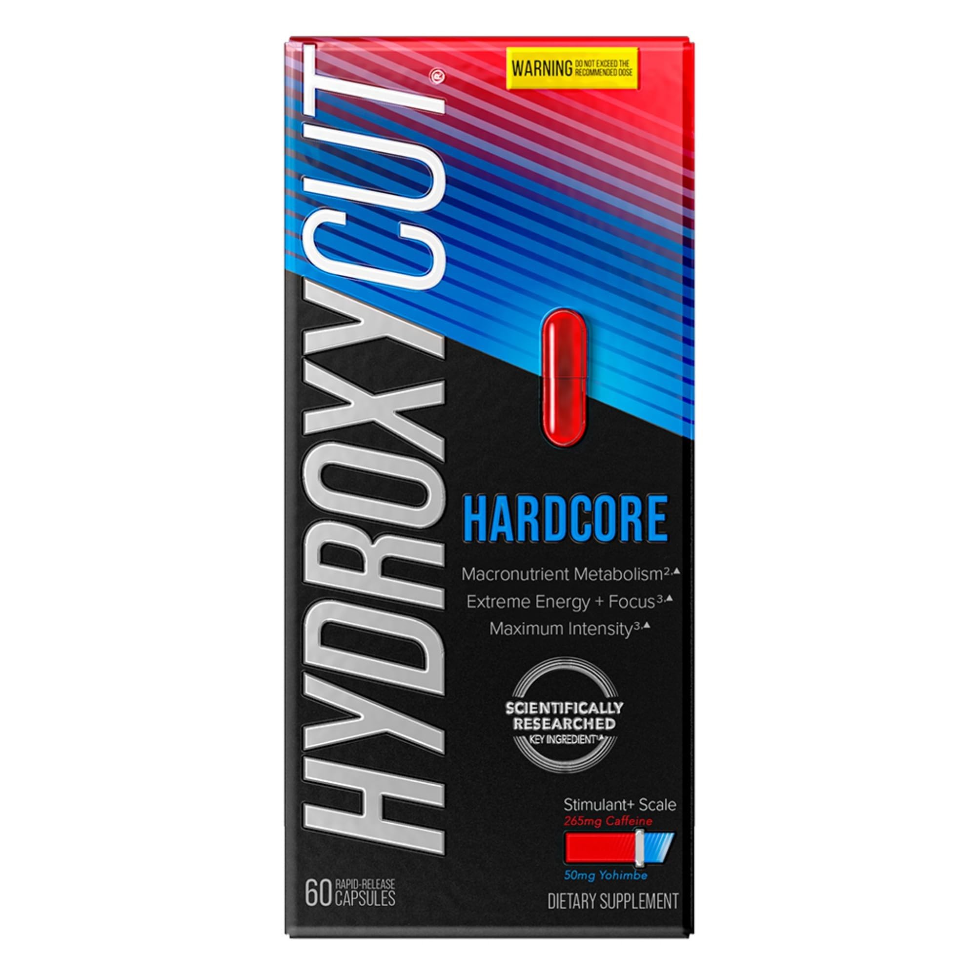 Hydroxycut Hardcore — botella, energía rápida para entrenamientos intensos.