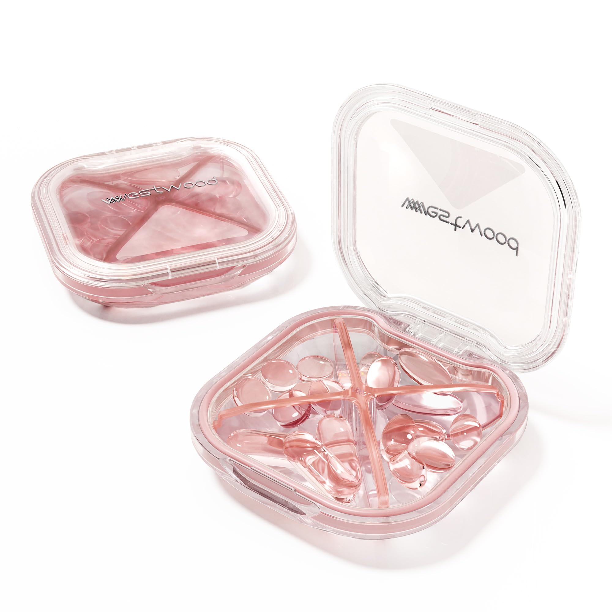 HyJeryty caja de pastillas con 4 compartimentos en rosa para organización diaria.