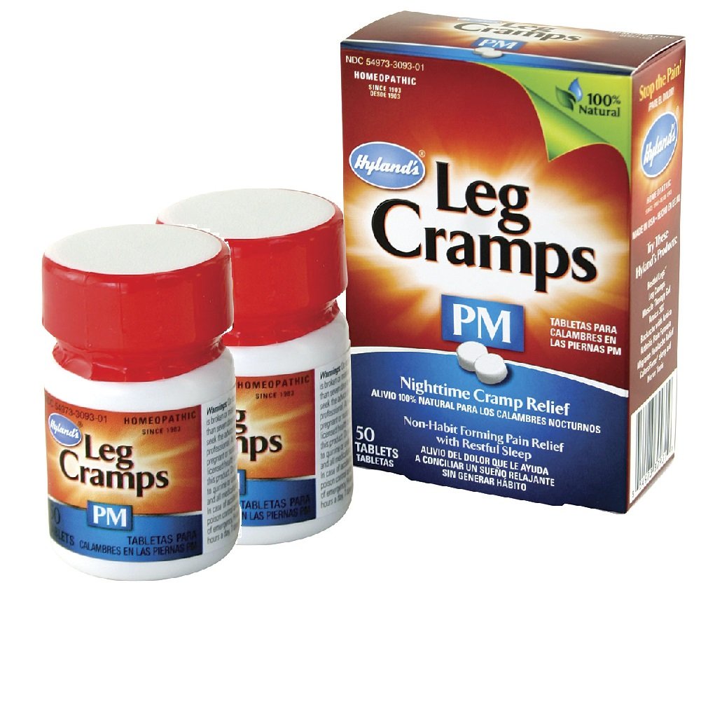 Hyland's Leg Cramps PM muestra tabletas de disolución rápida para alivio nocturno.