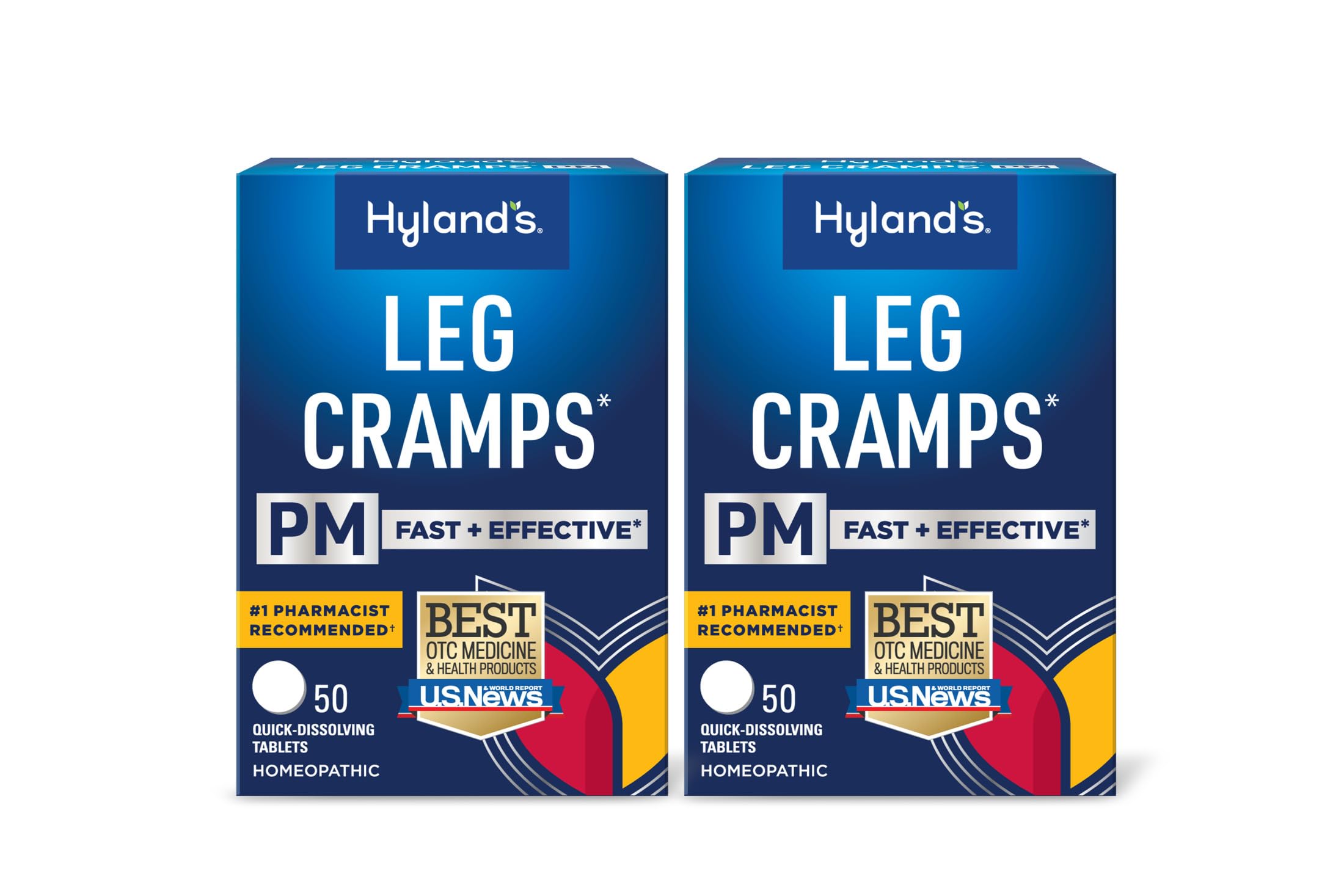 Hyland's Leg Cramps PM, caja 2-pack de tabletas de disolución rápida.