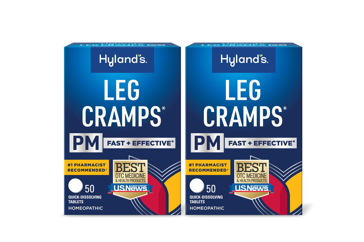Hyland's Leg Cramps PM, caja 2-pack de tabletas de disolución rápida.