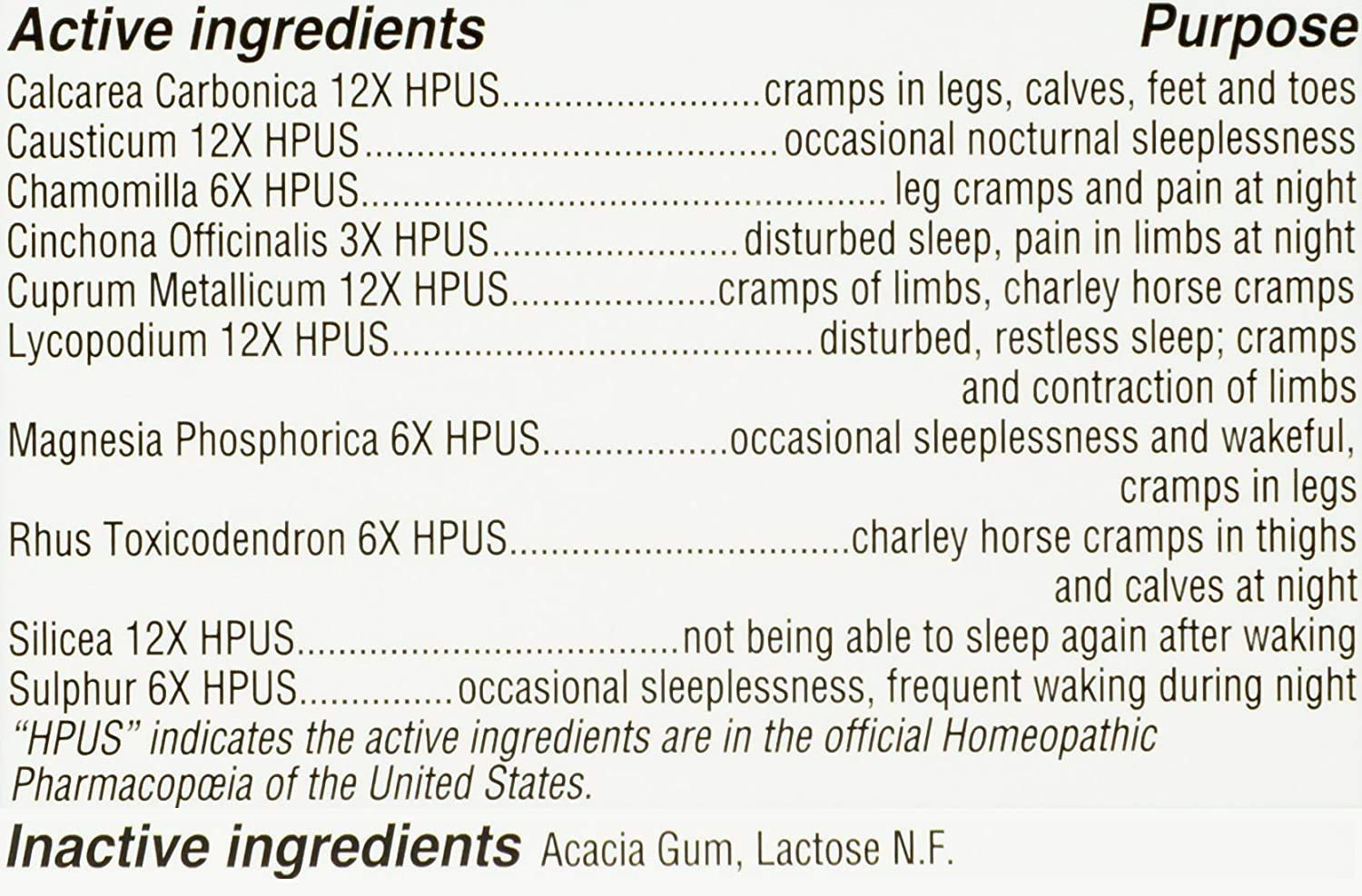 Hyland's Leg Cramps PM, uso nocturno recomendado para dormir.