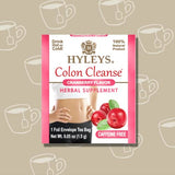 Hyleys Colon Cleanse caja abierta con bolsitas, detalle de ingredientes herbales.