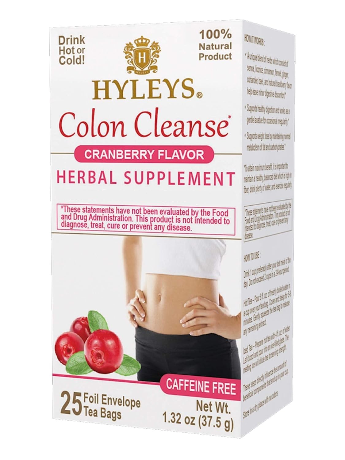 Hyleys Colon Cleanse té arándano frente a la caja, presentación del producto.