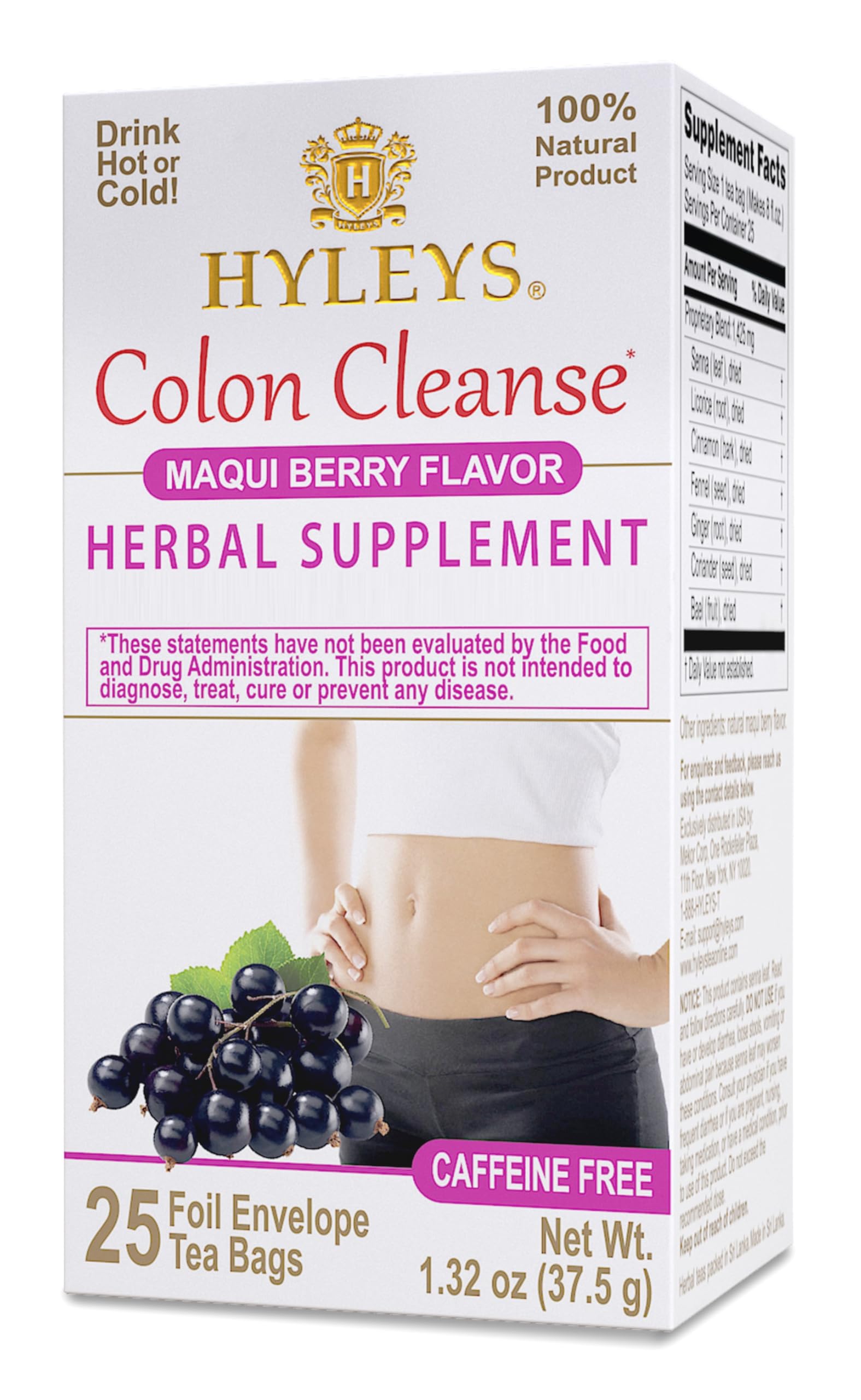 Hyleys Colon Cleanse té maqui berry en caja de 25 bolsas para apoyar la digestión