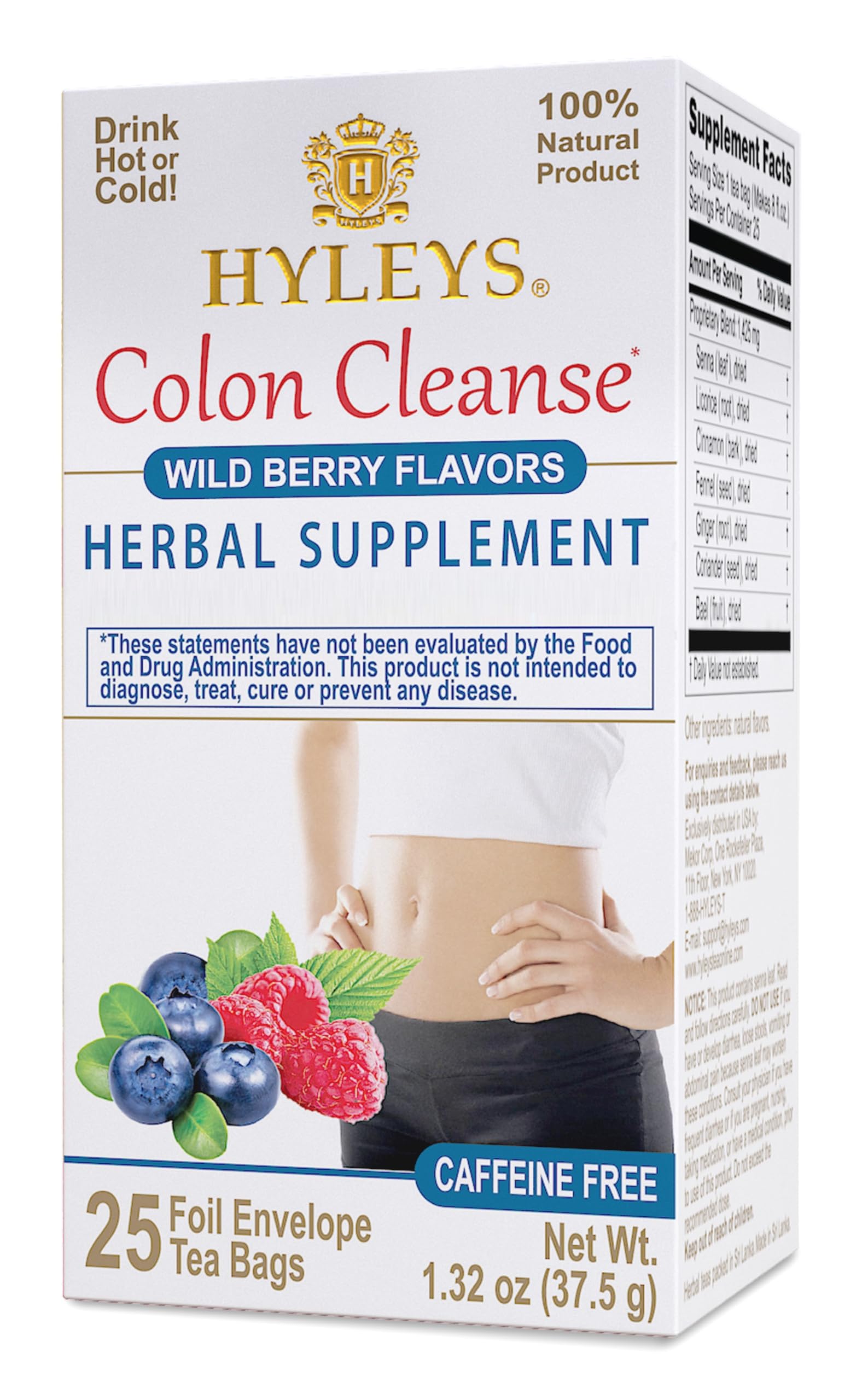 Hyleys Colon Cleanse con bayas silvestres en taza, experiencia suave para la digestión.
