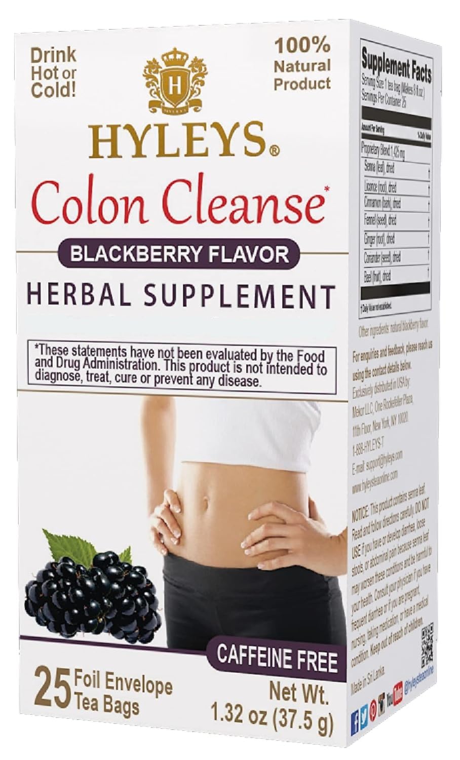 Té HYLEYS limpieza de colon sabor mora en bolsas para digestión suave