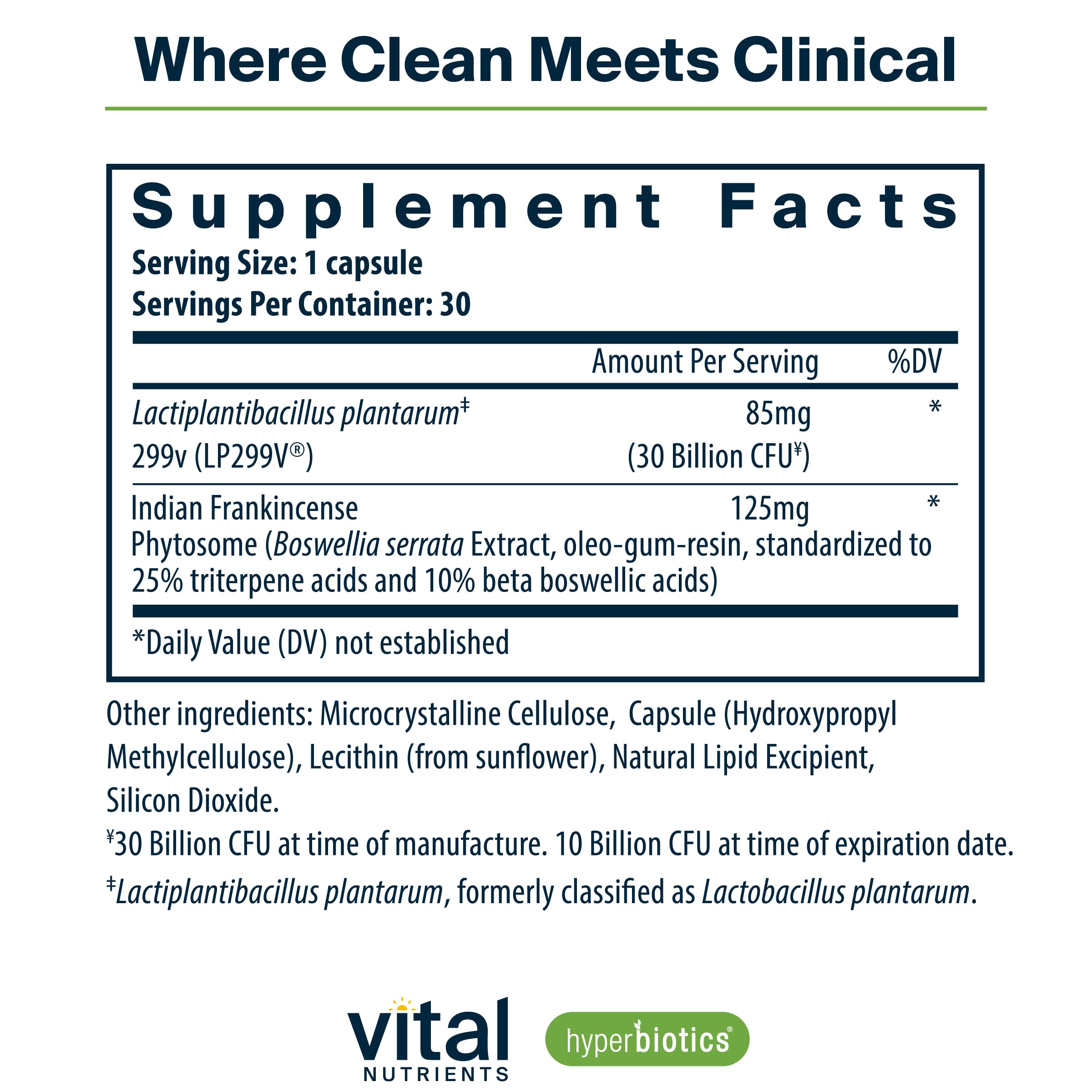 Hyperbiotics Vital Nutrients IBS Probiotic: etiqueta clínica informativa.
