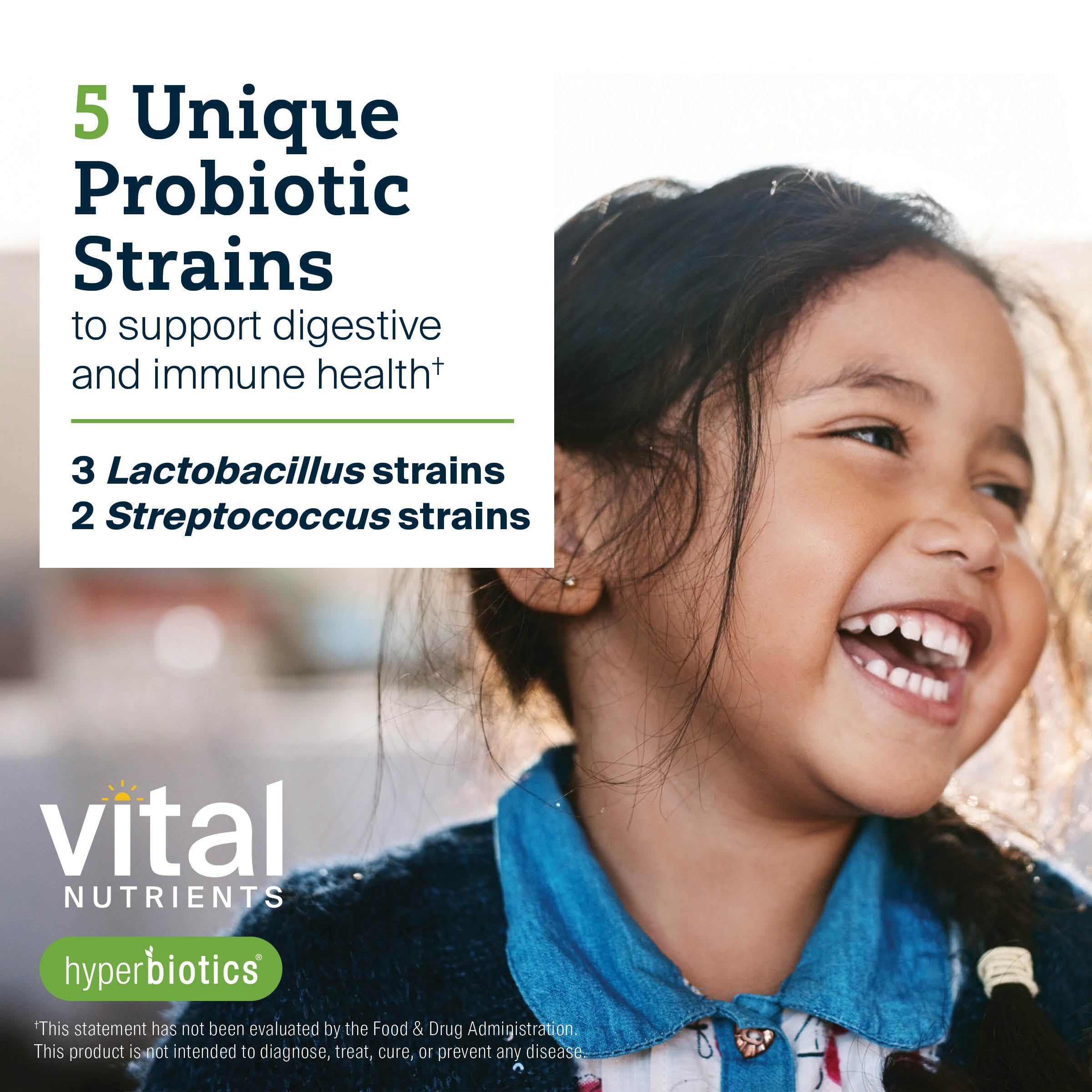 Hyperbiotics Vital Nutrients Pro Kids ENT toma diaria no refrigerada para familias ocupadas.