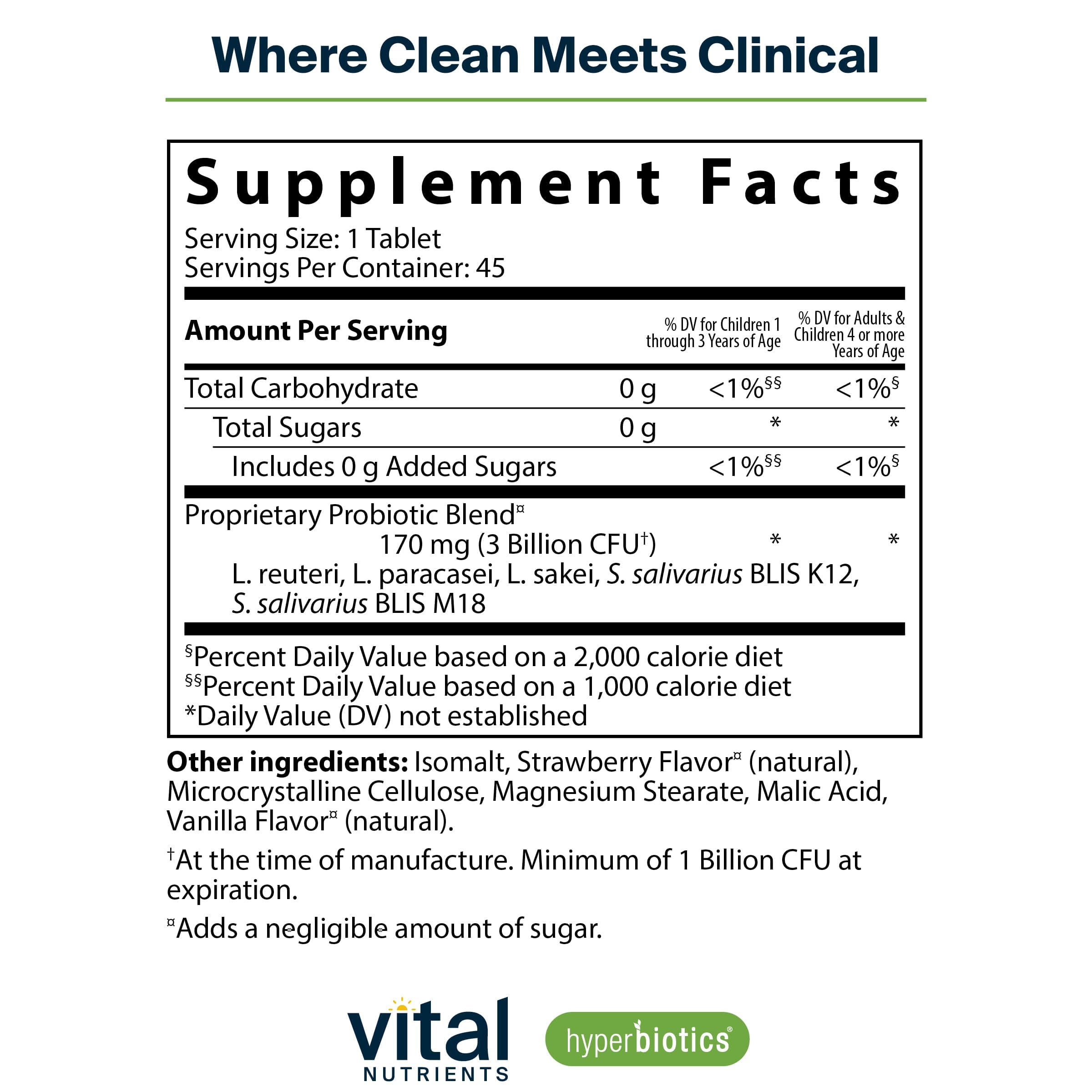 Hyperbiotics Vital Nutrients Pro Kids ENT tabletas masticables sabor fresa-vanilla para niños.