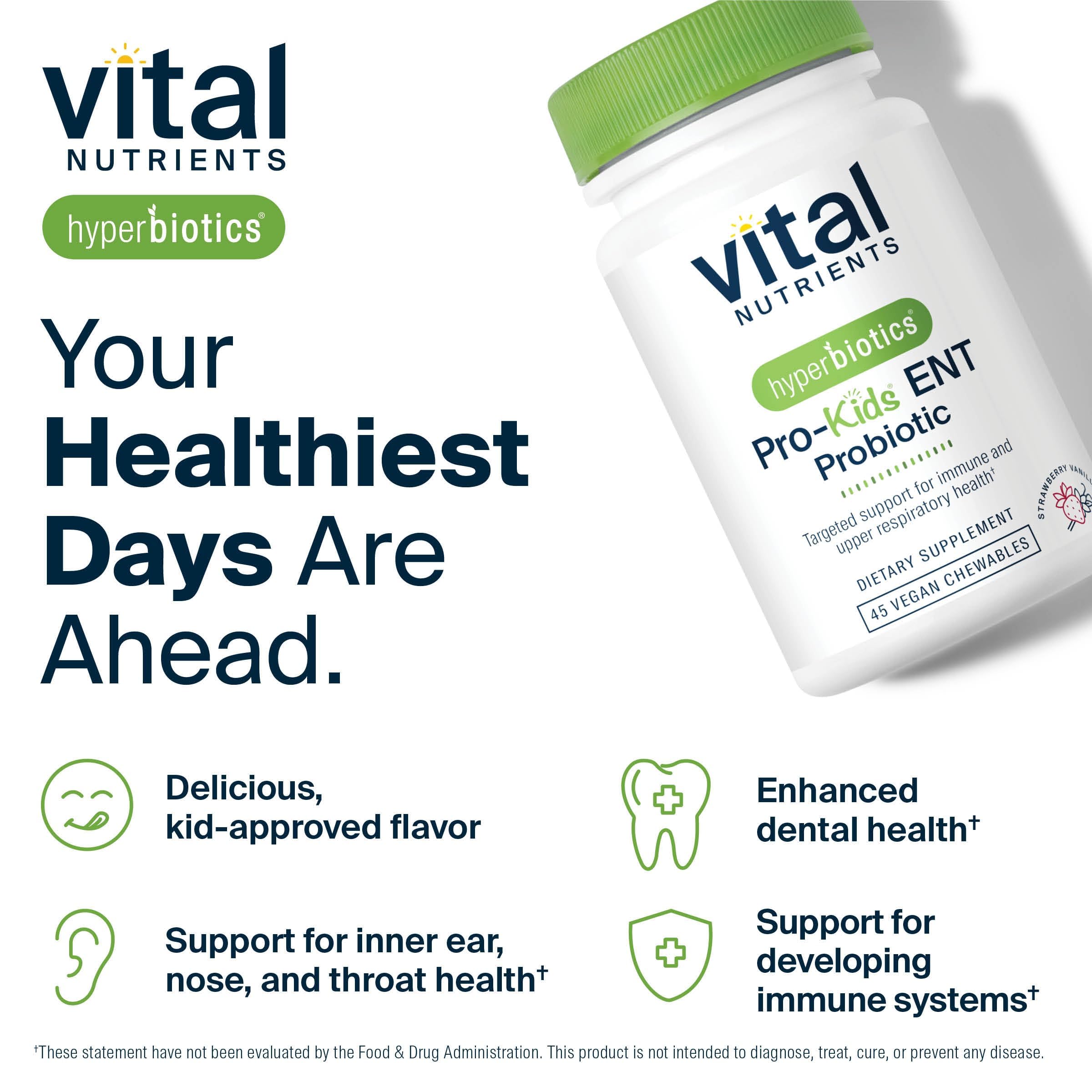 Hyperbiotics Vital Nutrients Pro Kids ENT niño tomando tableta masticable en casa.